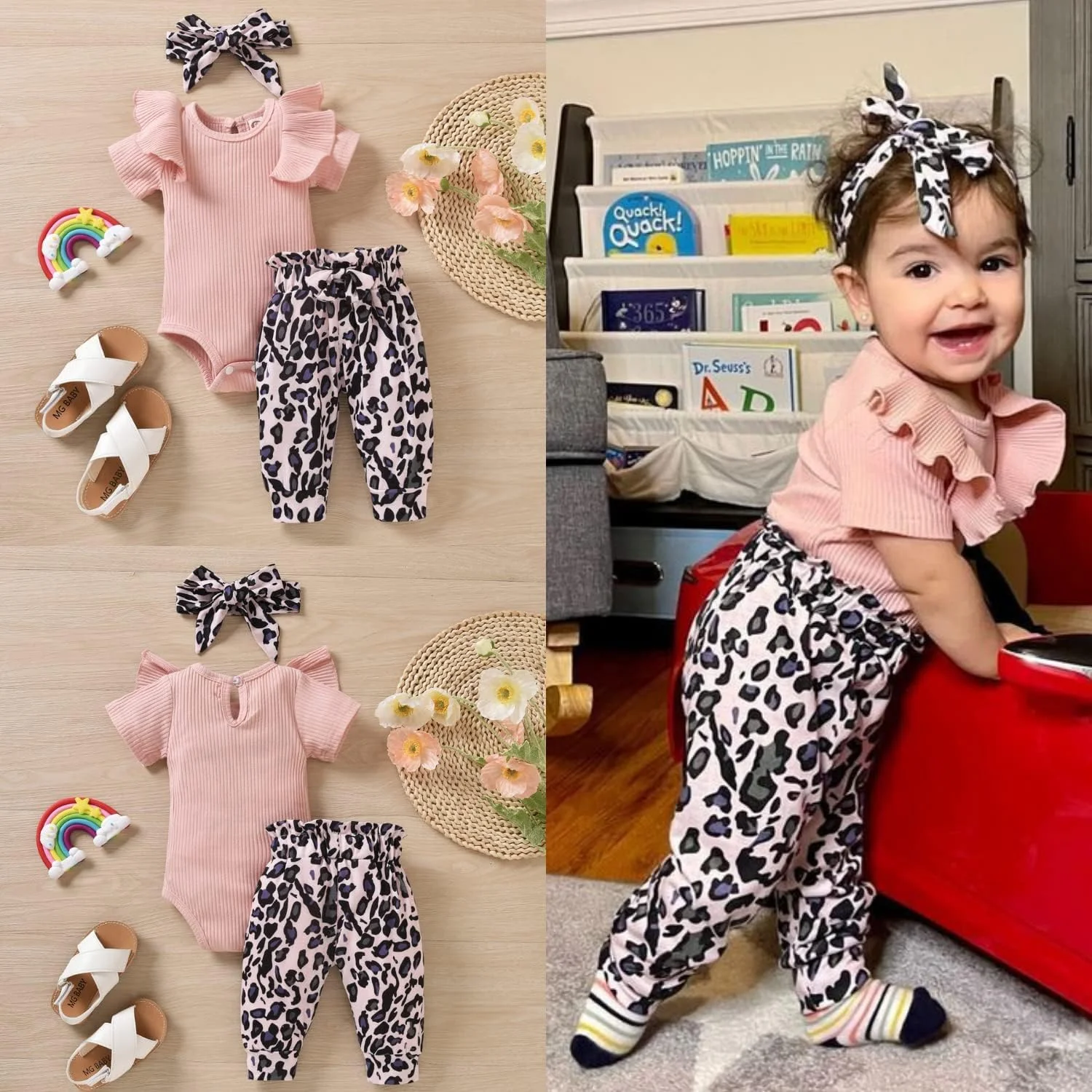 ست لباس نوزادی دخترانه شامل رامپر دنده ای، بادی و شلوار به همراه چین های زیبا مناسب بهار و تابستان