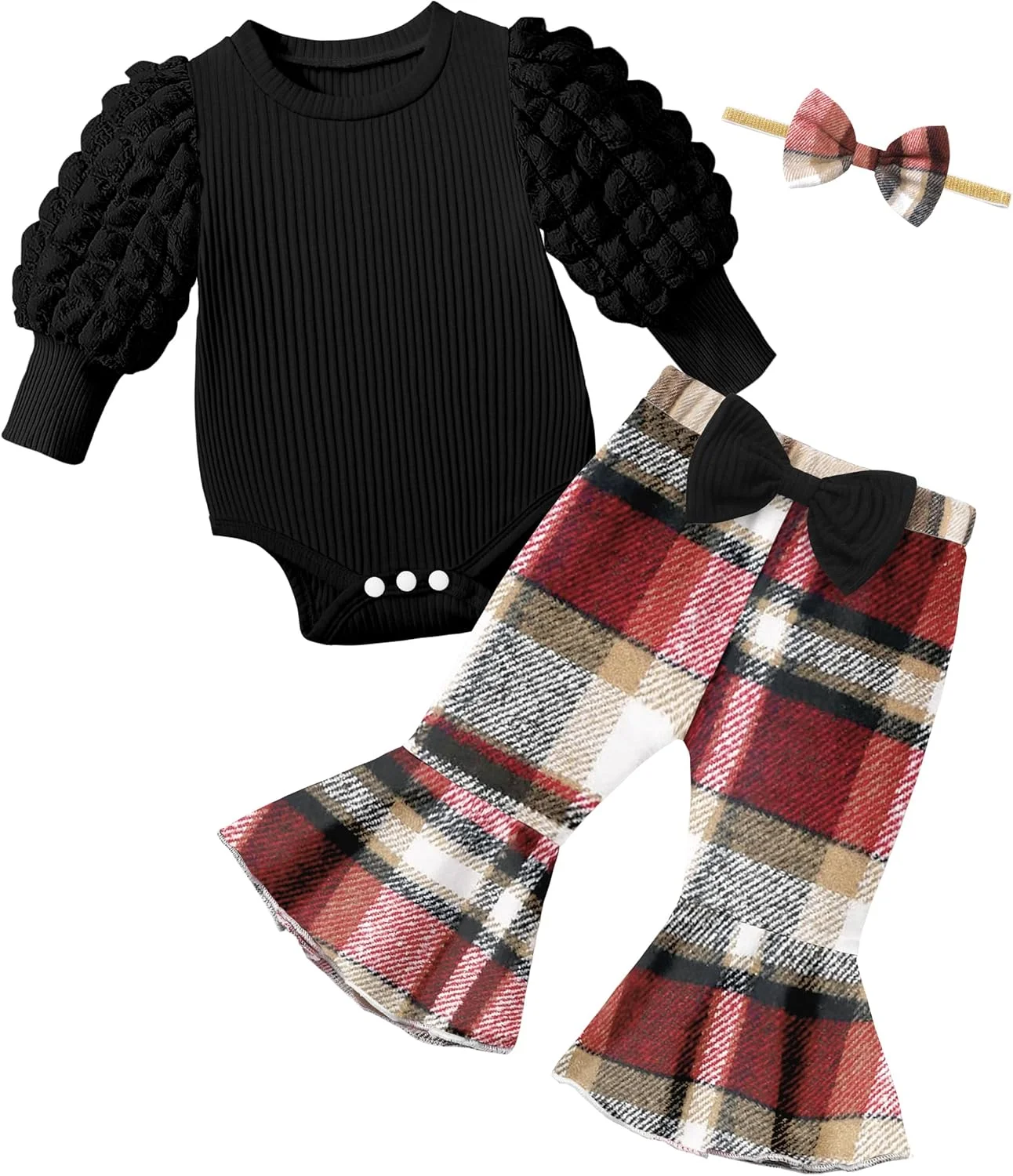 ست لباس نوزاد دخترانه آستین بلند شامل رامپر، شلوار دمپا گشاد و هدبند - مناسب پاییز و زمستان