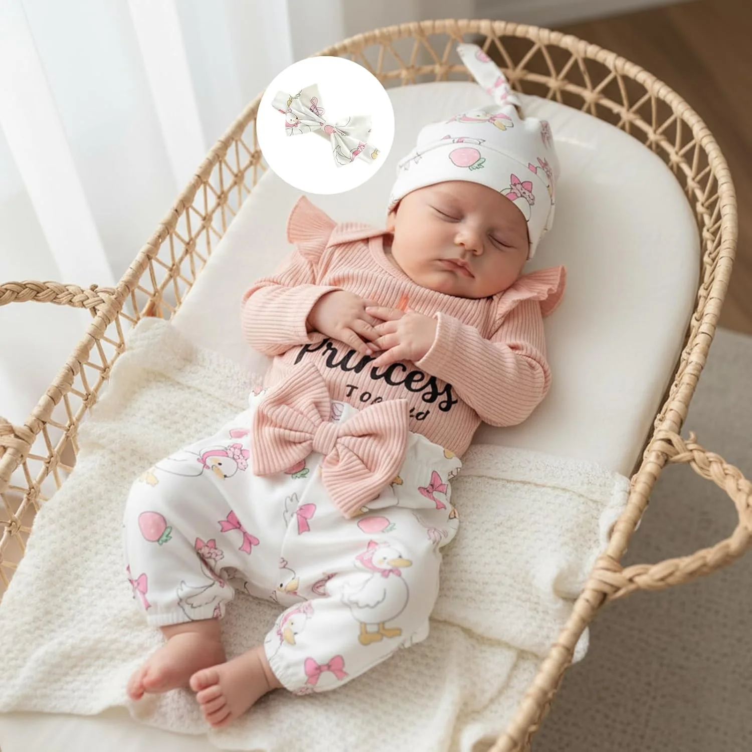 لباس نوزاد دختر، رامپر با نوشته "پرنسس از راه رسید"، ست شلوار با کمر کشی، لباس های زیبا برای بدو تولد نوزاد