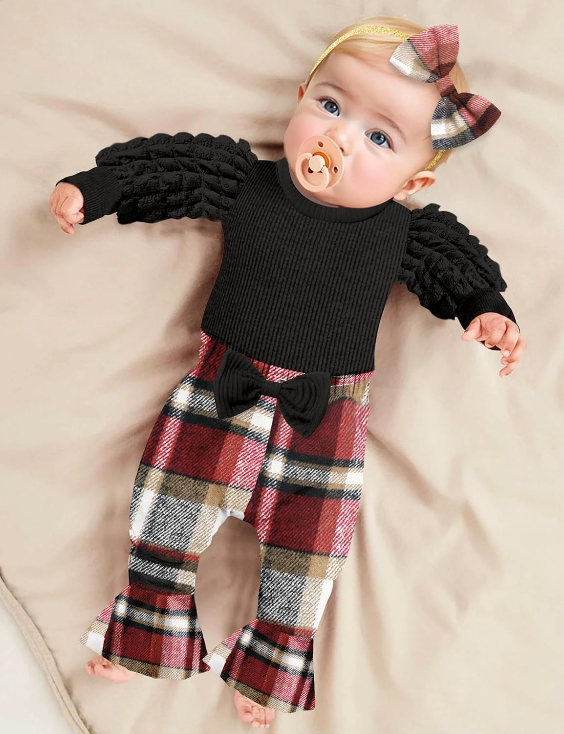 ست لباس نوزاد دخترانه آستین بلند شامل رامپر، شلوار دمپا گشاد و هدبند - مناسب پاییز و زمستان