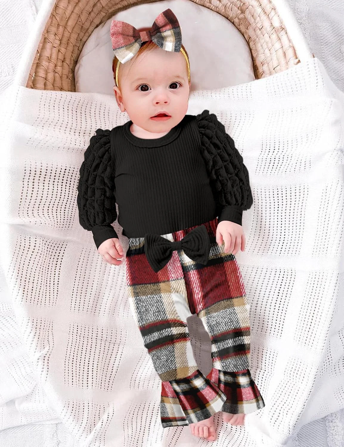 ست لباس نوزاد دخترانه آستین بلند شامل رامپر، شلوار دمپا گشاد و هدبند - مناسب پاییز و زمستان