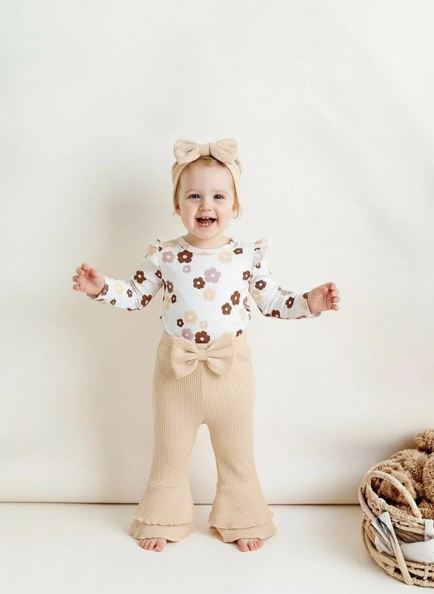 لباس نوزادی دخترانه، رامپر و شلوار گلدار فرفری، ست لباس کودک دخترانه