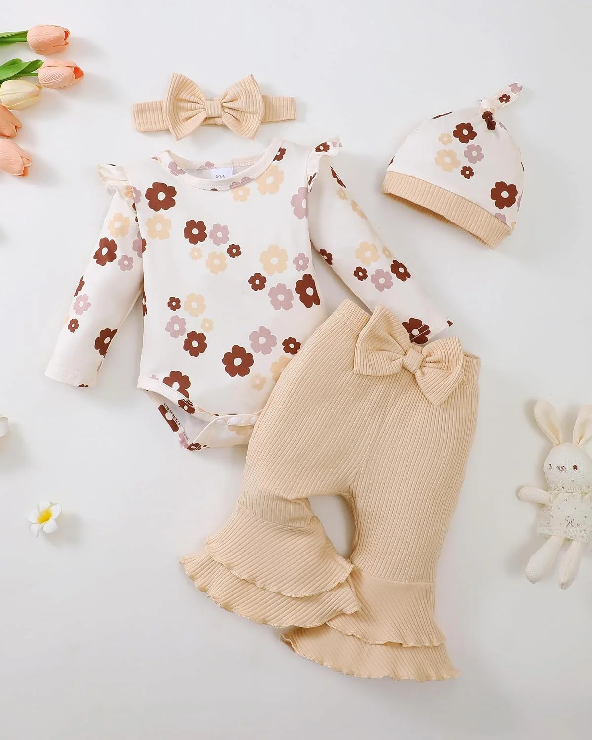 لباس نوزادی دخترانه، رامپر و شلوار گلدار فرفری، ست لباس کودک دخترانه