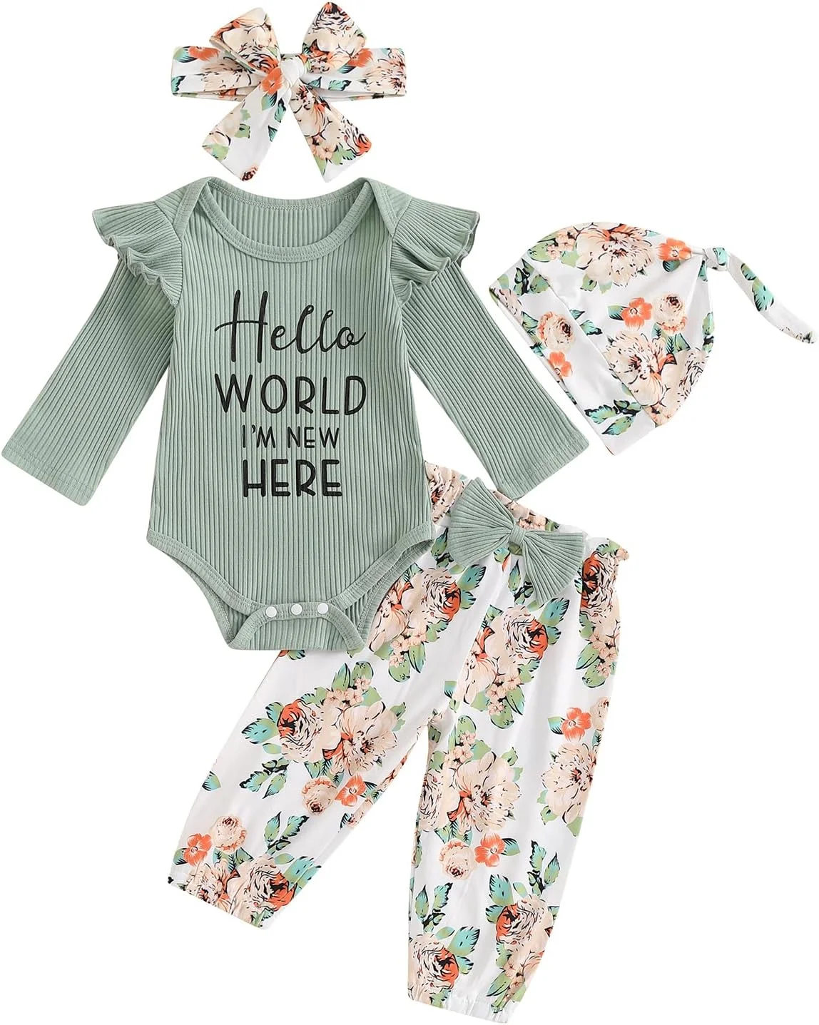 ست لباس پاییزی نوزاد دخترانه، رامپر دنده ای، شلوار طرح گل، لباس های زیبا برای فصل پاییز و زمستان