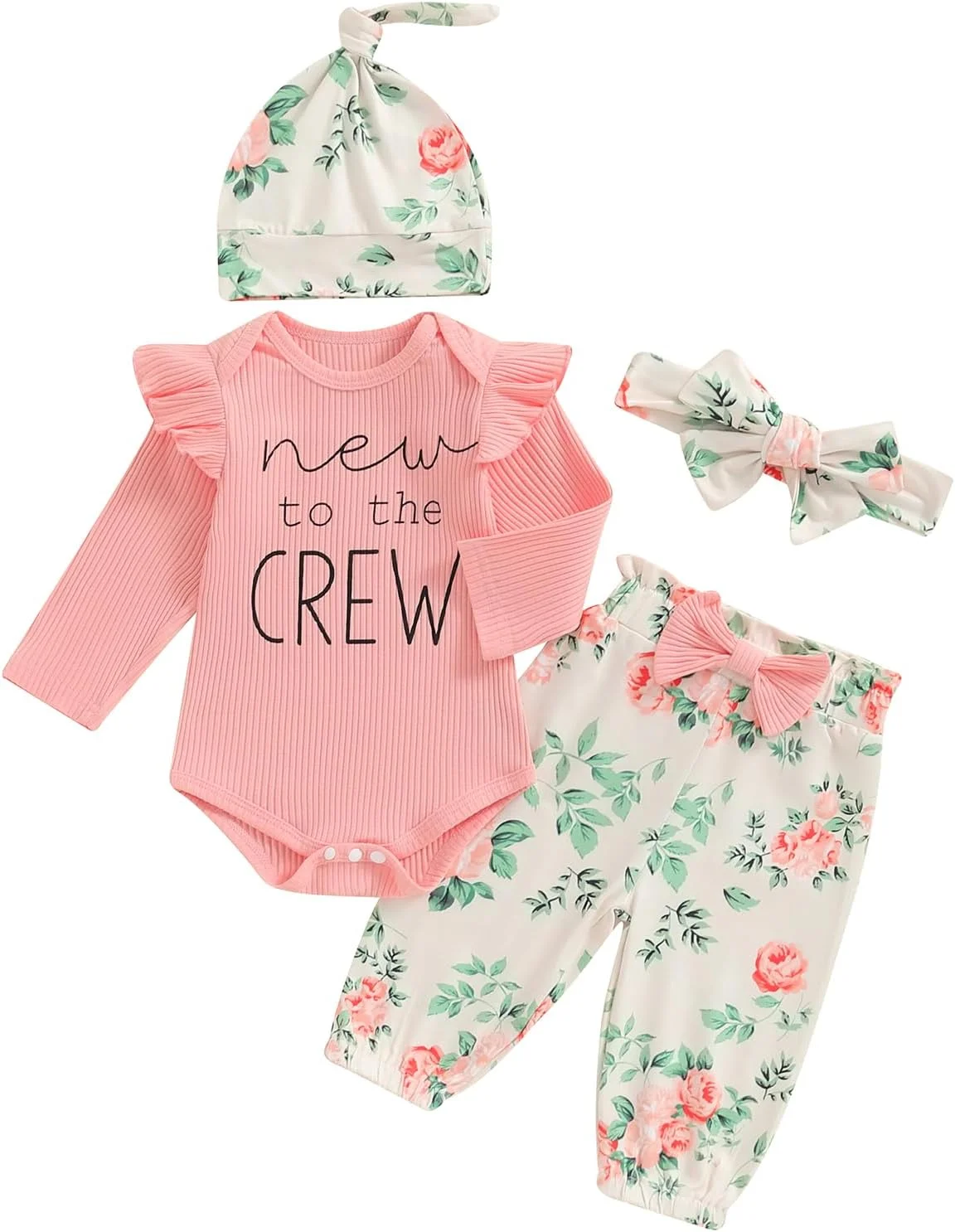 لباس نوزادی دخترانه، ست لباس رامپر، شلوار گلدار، هدبند و کلاه