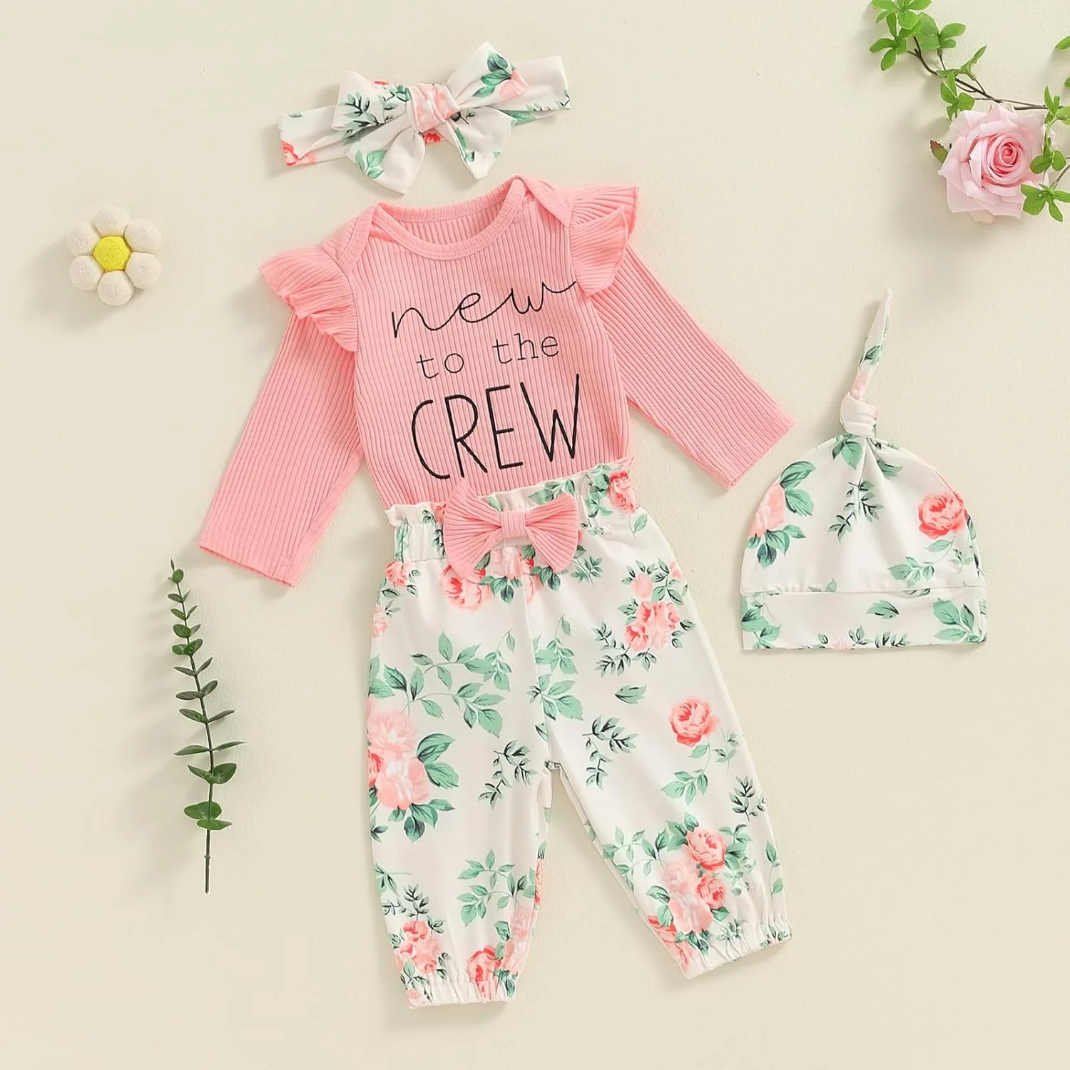 لباس نوزادی دخترانه، ست لباس رامپر، شلوار گلدار، هدبند و کلاه