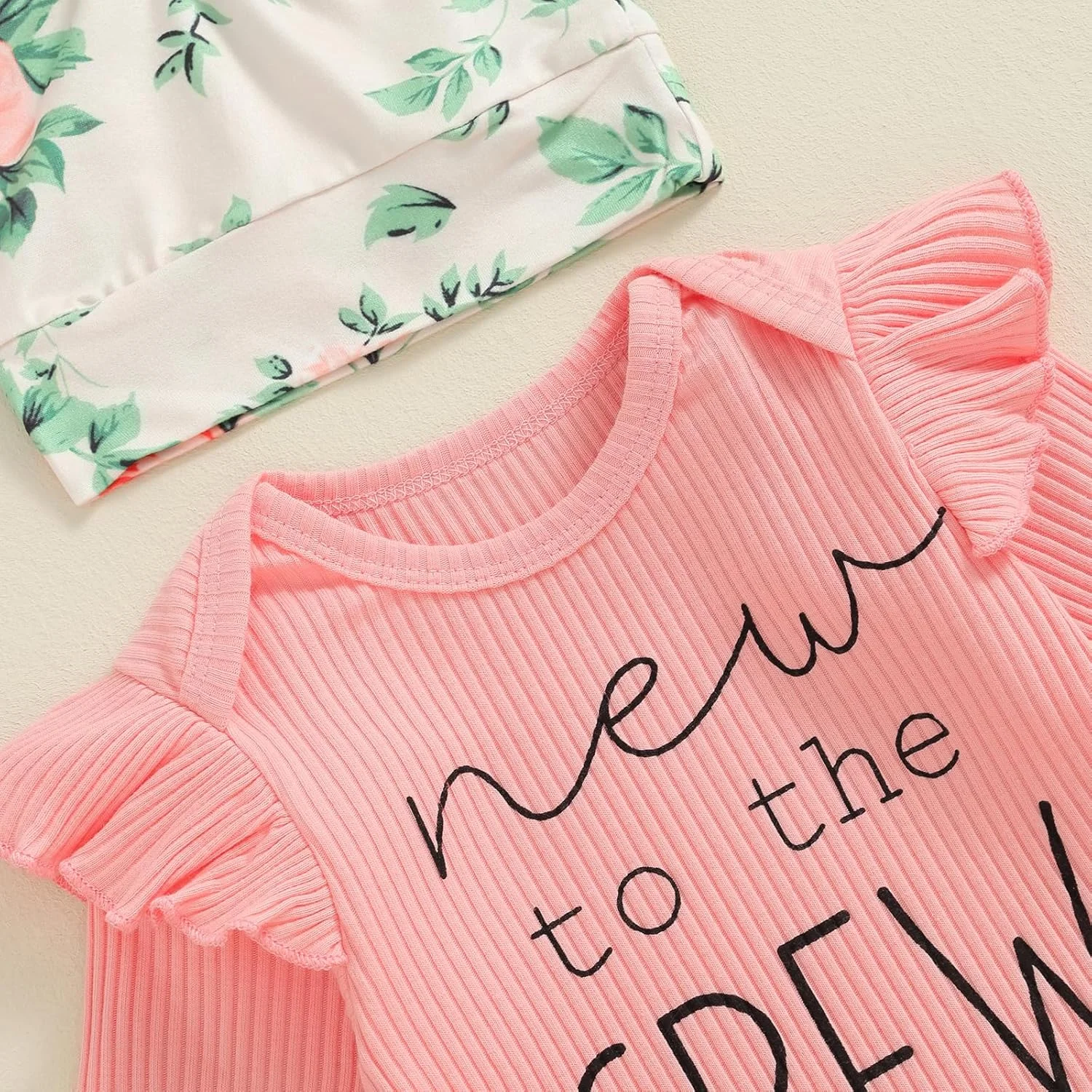 لباس نوزادی دخترانه، ست لباس رامپر، شلوار گلدار، هدبند و کلاه