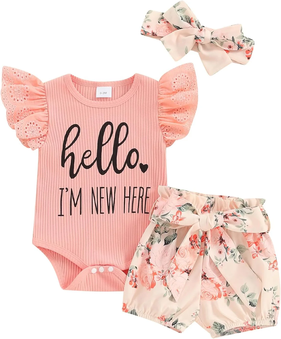 لباس نوزاد دختر با طرح عمه بهترین دوست، رامپر آستین کوتاه راه راه، شورت گلدار به همراه هدبند