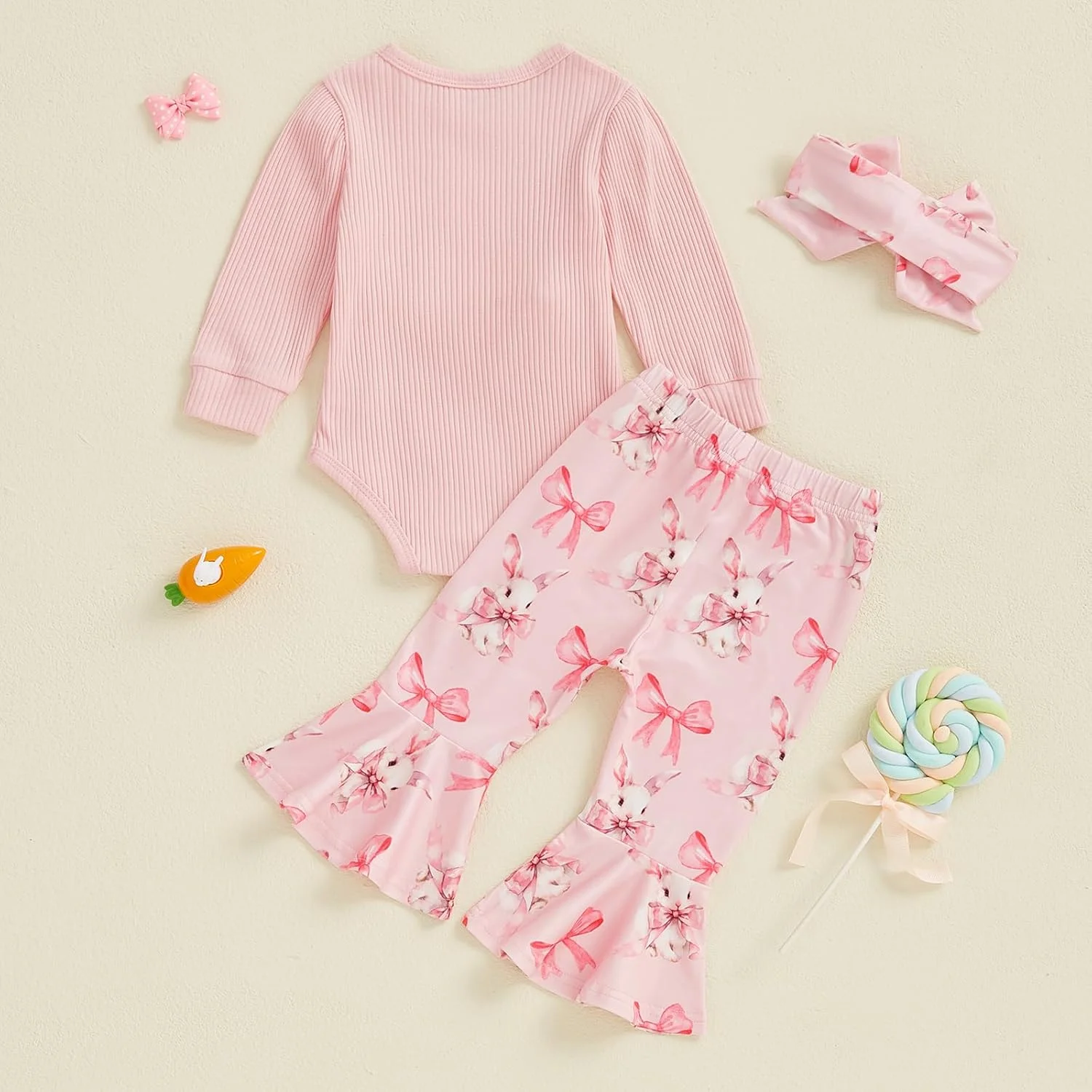 لباس دخترانه نوزادی یینگیس فیتم، رامپر خرگوشی اولین عید پاک من، شلوار دمپا گشاد، لباس عید نوزاد