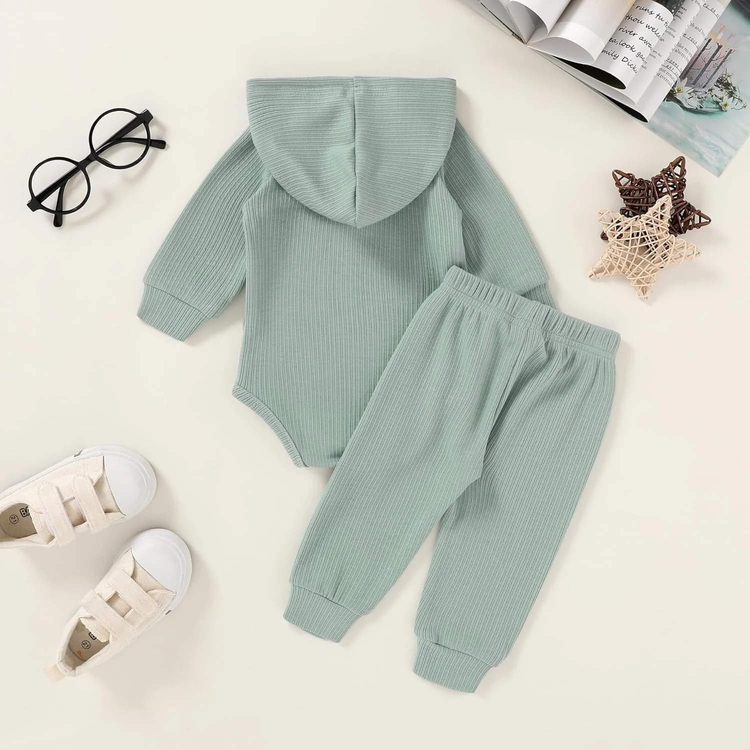 ست لباس نوزادی پسرانه دخترانه YOUNGER TREE، سرهمی آستین بلند کلاه دار و شلوار، طرح کبریتی، مناسب فصل پاییز و زمستان