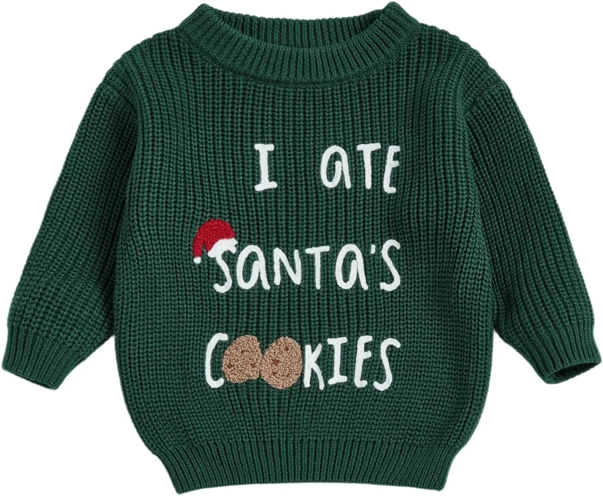 پلیورهای کریسمس نوزادی آستین بلند یقه گرد گلدوزی طرح نامه بابانوئل تاپ بافتنی لباس بچه گانه