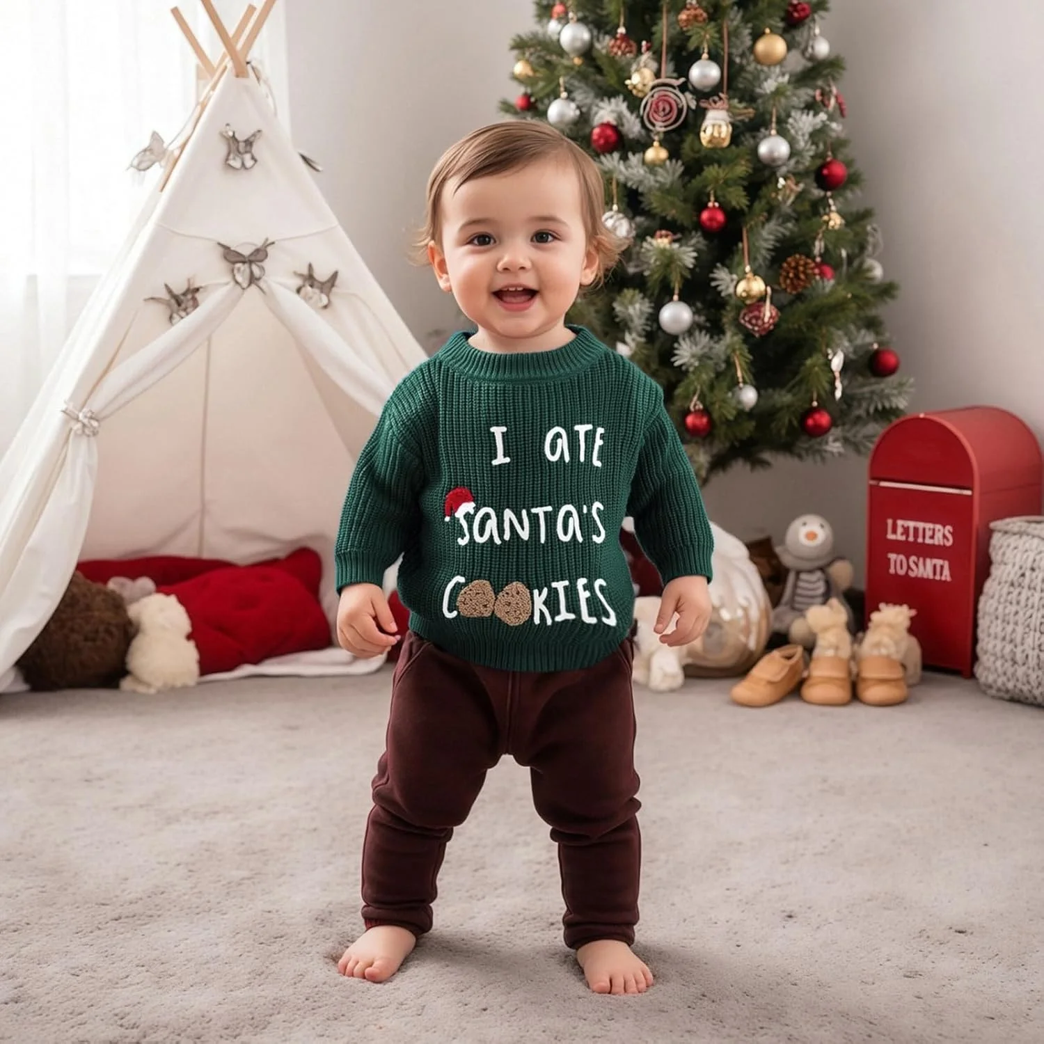 پلیورهای کریسمس نوزادی آستین بلند یقه گرد گلدوزی طرح نامه بابانوئل تاپ بافتنی لباس بچه گانه