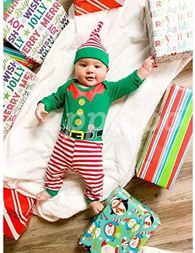 ست لباس کریسمس نوزادی 3 تکه، رامپر آستین بلند با کلاه طرح اِلف