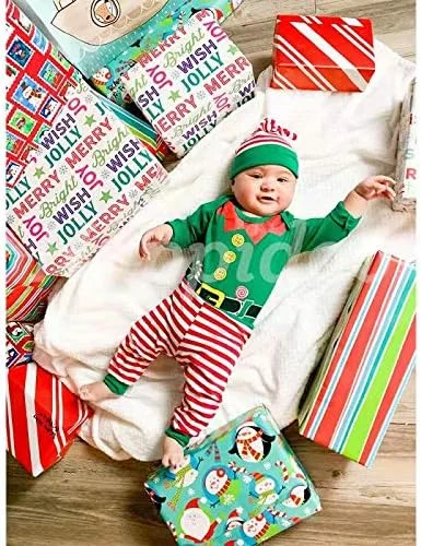 ست لباس کریسمس نوزادی 3 تکه، رامپر آستین بلند با کلاه طرح اِلف