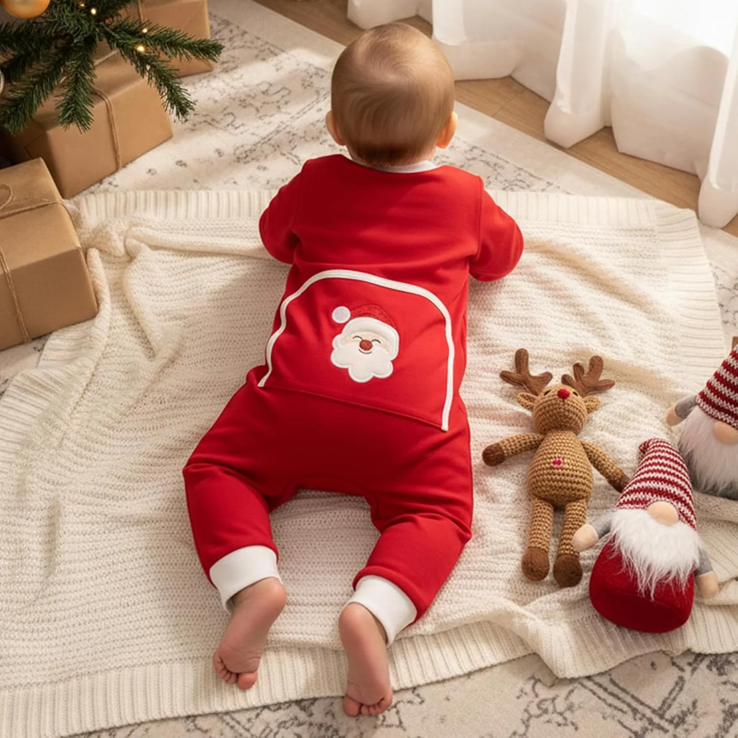 سرهمی نوزادی طرح کریسمس، لباس یک تکه زیپ‌دار، طرح شیر و بابانوئل