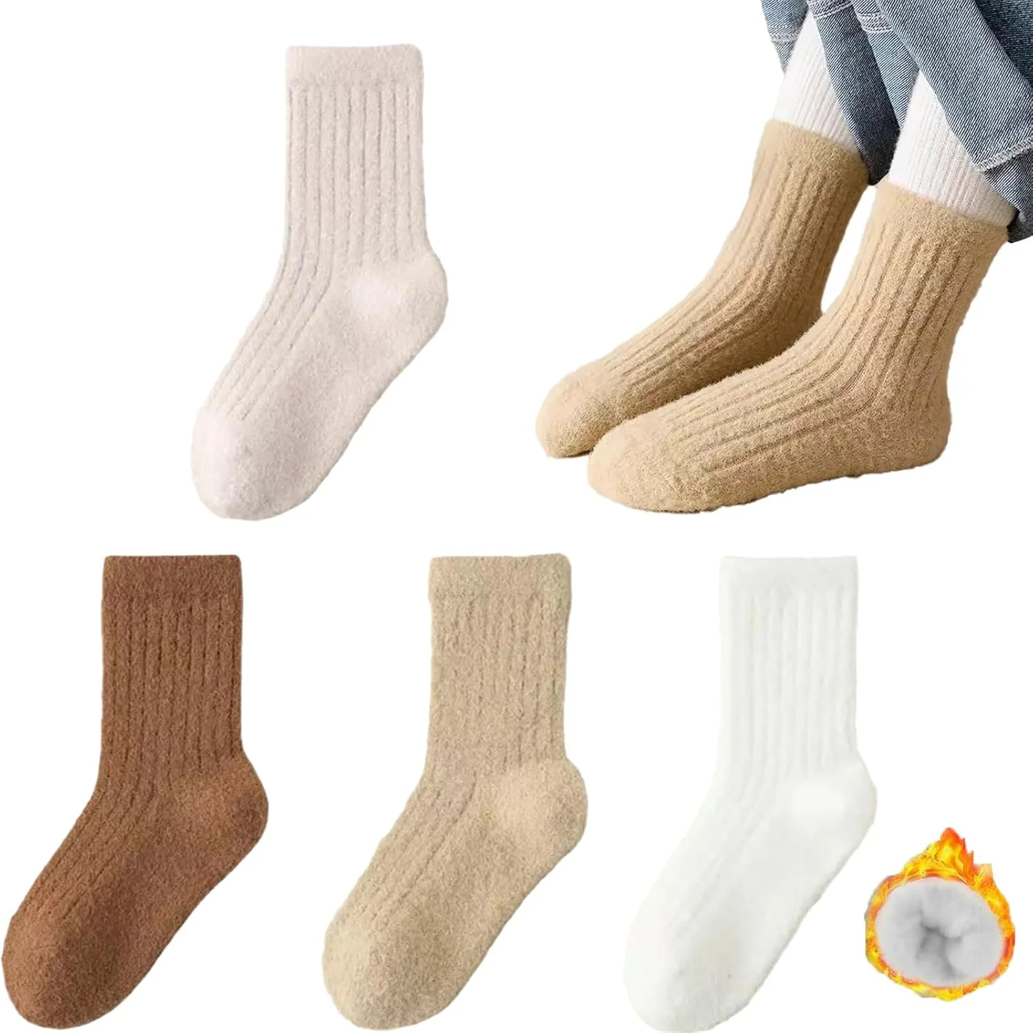 4 جفت جوراب زمستانی گرم و نرم بچگانه، جوراب ساق بلند نخی بچگانه، جوراب های گرم رنگی ساده، جوراب های ضخیم نوزادی مناسب برف، جوراب های نرم و راحت نوزاد و کودک نوپا