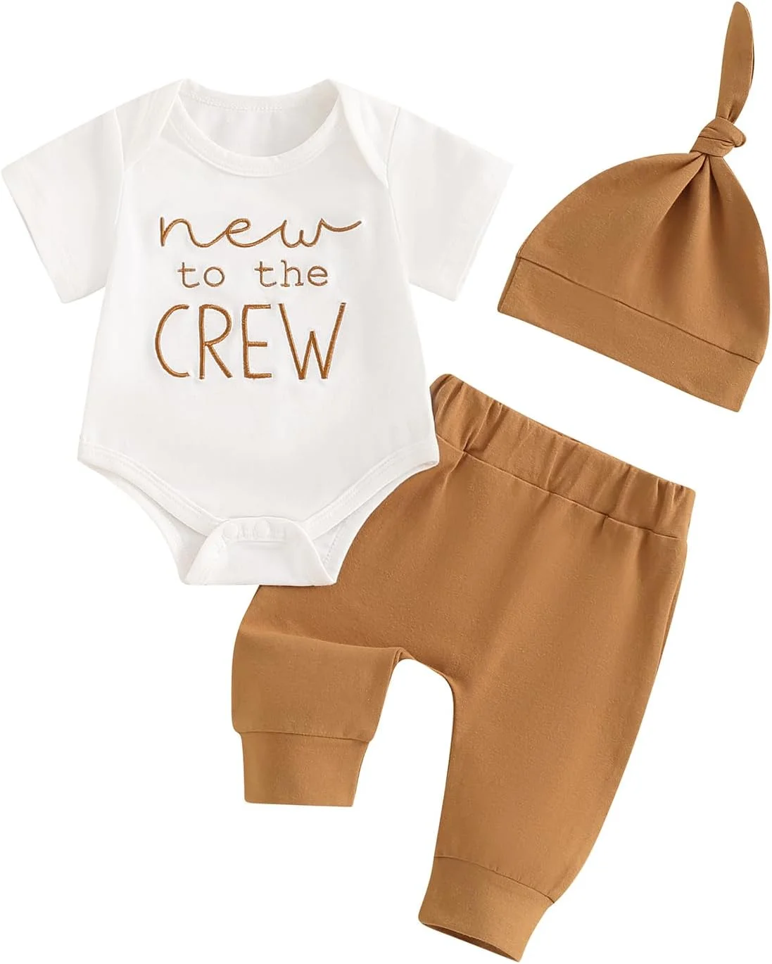ست لباس نوزادی پسرانه شامل تیشرت، رامپر، شلوار بلند و کلاه مناسب فصل تابستان