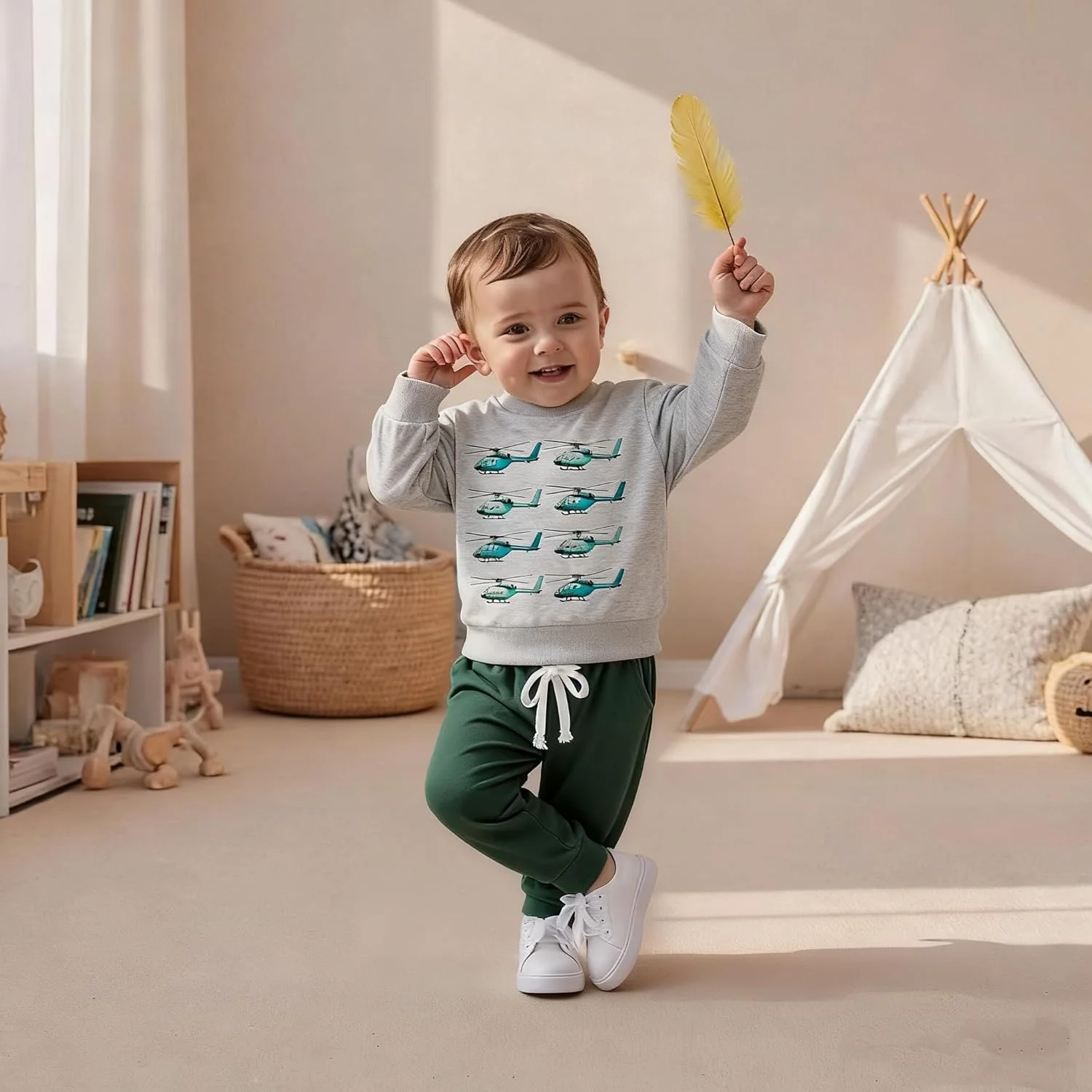 ست لباس پسرانه بچه گانه Fernvia، سایز 2T 3T 4T 5T، طرح کامیون و بیل مکانیکی، بلوز آستین بلند و شلوار کشی، مناسب فصل پاییز