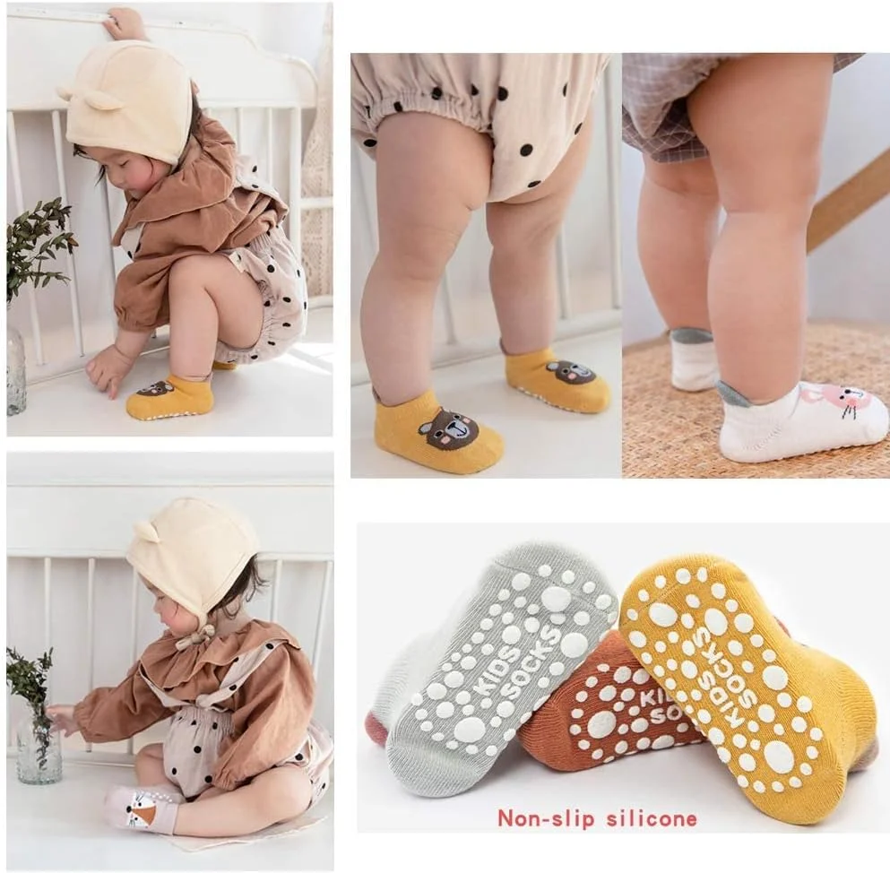 الکدان 6 جفت جوراب بچگانه با استاپر ضد لغزش، جوراب مچی نخی دخترانه و پسرانه مناسب فصل پاییز و زمستان، جوراب های طرح حیوانات بامزه برای کودکان 1 تا 3 سال