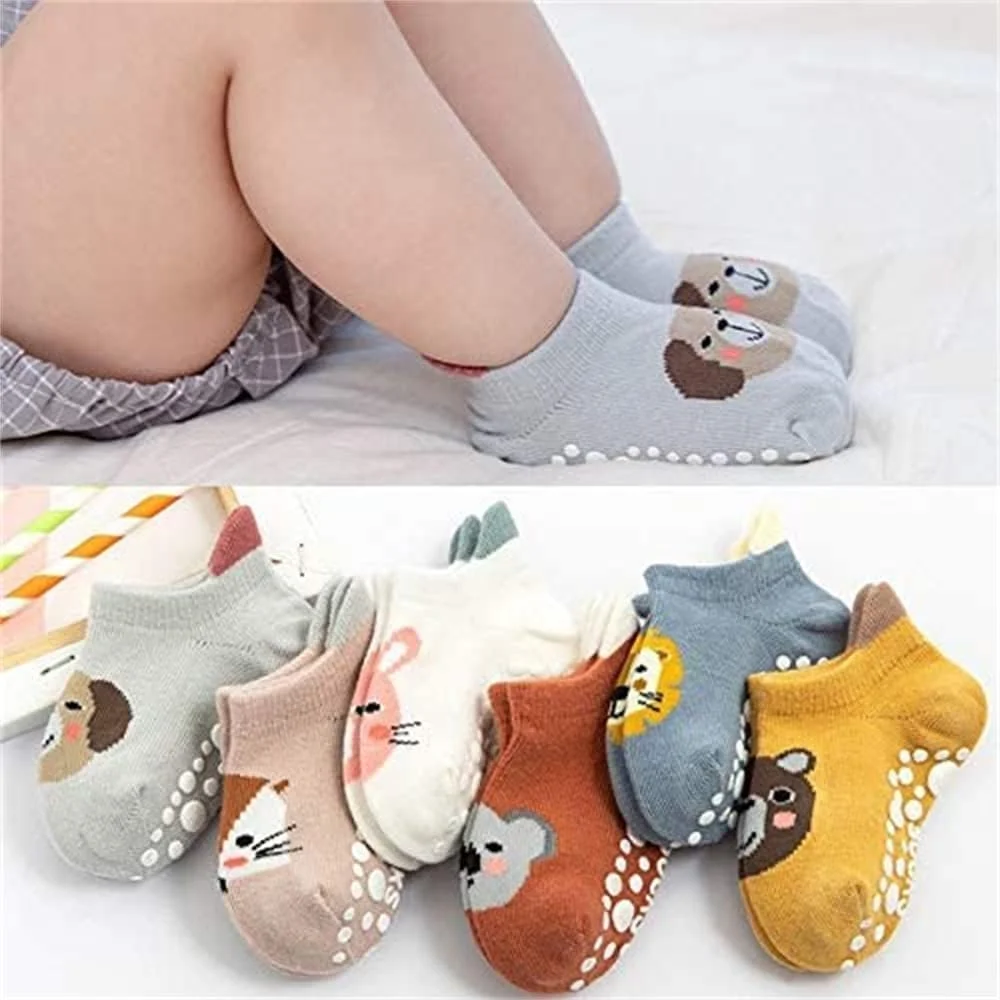 الکدان 6 جفت جوراب بچگانه با استاپر ضد لغزش، جوراب مچی نخی دخترانه و پسرانه مناسب فصل پاییز و زمستان، جوراب های طرح حیوانات بامزه برای کودکان 1 تا 3 سال