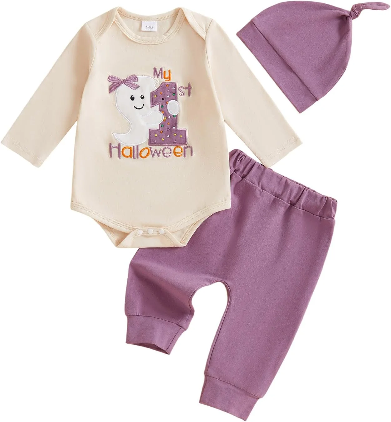 لباس هالووین نوزادی طرح شبح، شامل رامپر آستین بلند، شلوار و کلاه بافتنی مناسب پاییز