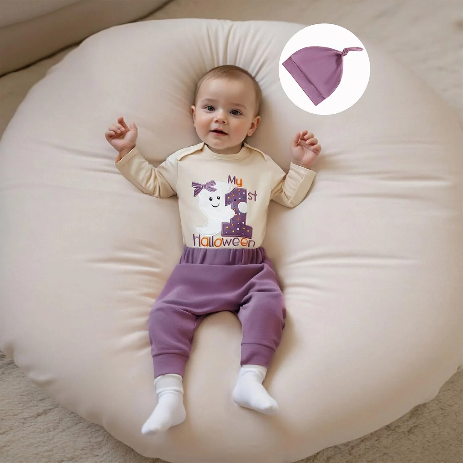 لباس هالووین نوزادی طرح شبح، شامل رامپر آستین بلند، شلوار و کلاه بافتنی مناسب پاییز لباس هالووین نوزادی طرح شبح، شامل رامپر آستین بلند، شلوار و کلاه بافتنی مناسب پاییز