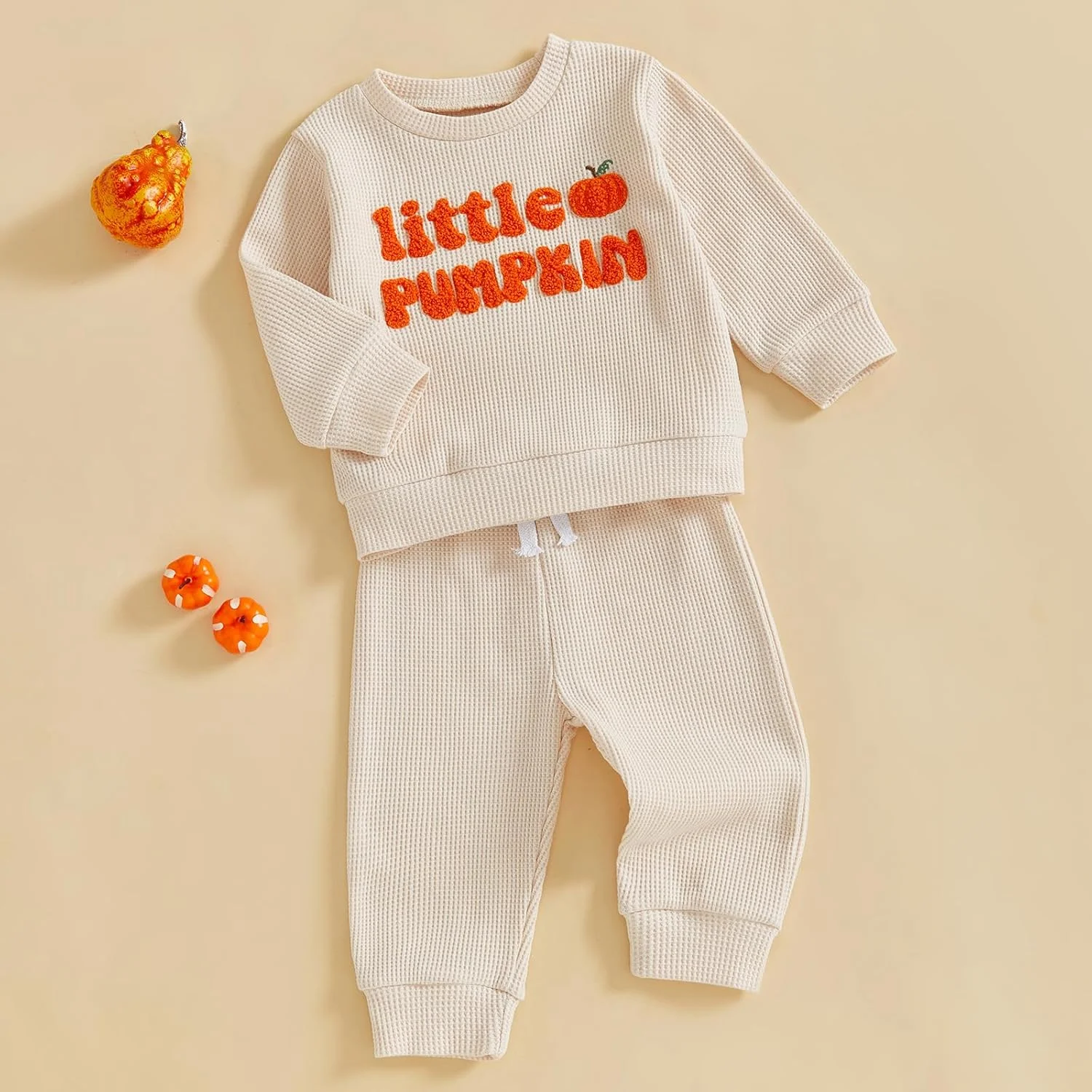 ست لباس هالووین بچه گانه، پسرانه و دخترانه، بلوز و شلوار بافتنی وافل با گلدوزی طرح کدو تنبل، لباس های پاییزی زیبا