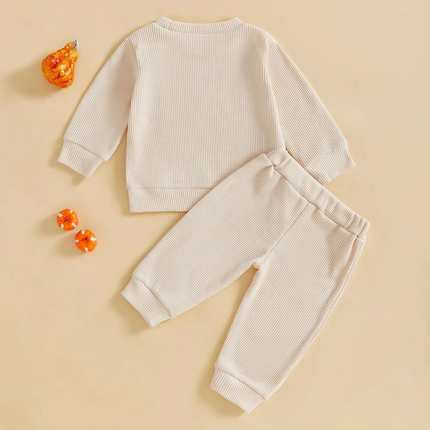 ست لباس هالووین بچه گانه، پسرانه و دخترانه، بلوز و شلوار بافتنی وافل با گلدوزی طرح کدو تنبل، لباس های پاییزی زیبا