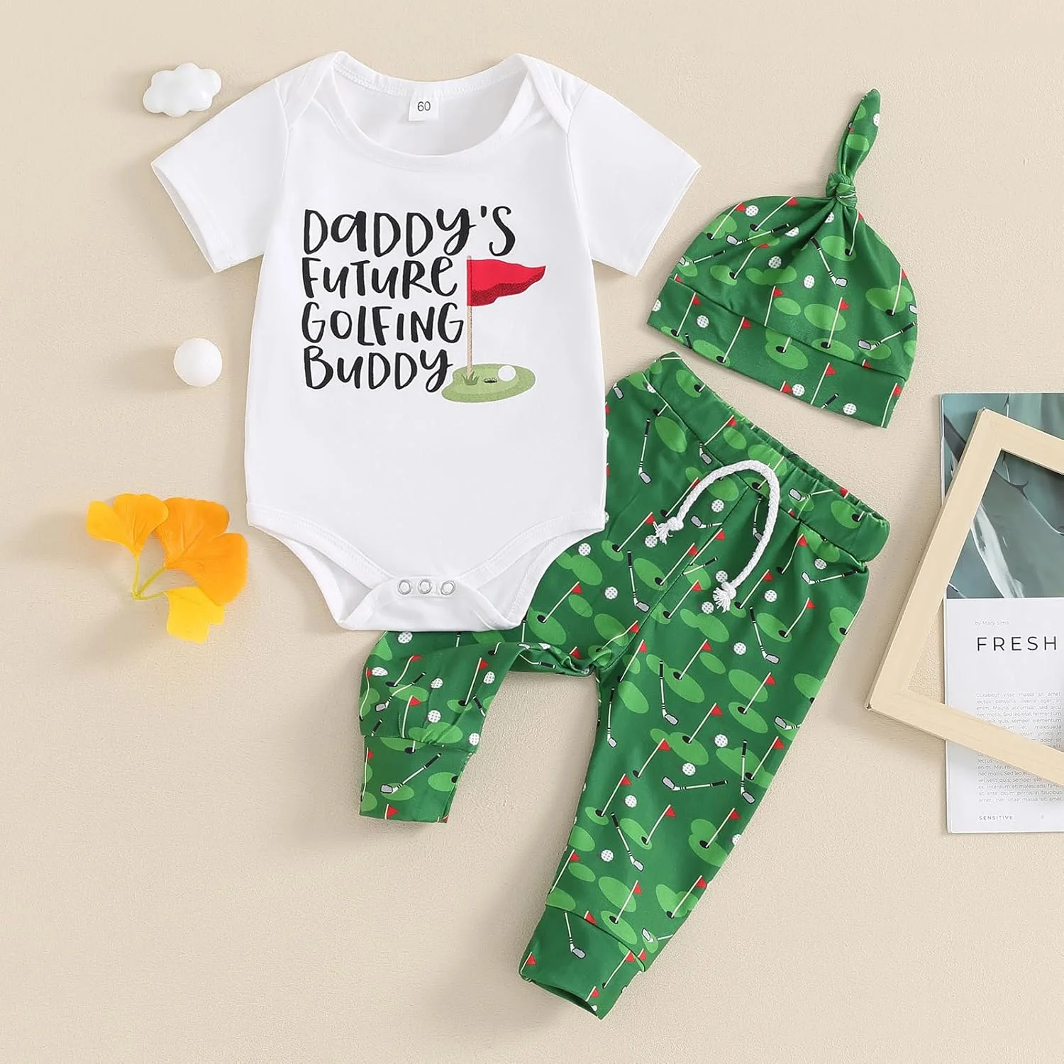 ست لباس نوزادی پسرانه/دخترانه با طرح گلف، سرهمی، شلوار گلف، ست 3 تکه لباس تابستانی