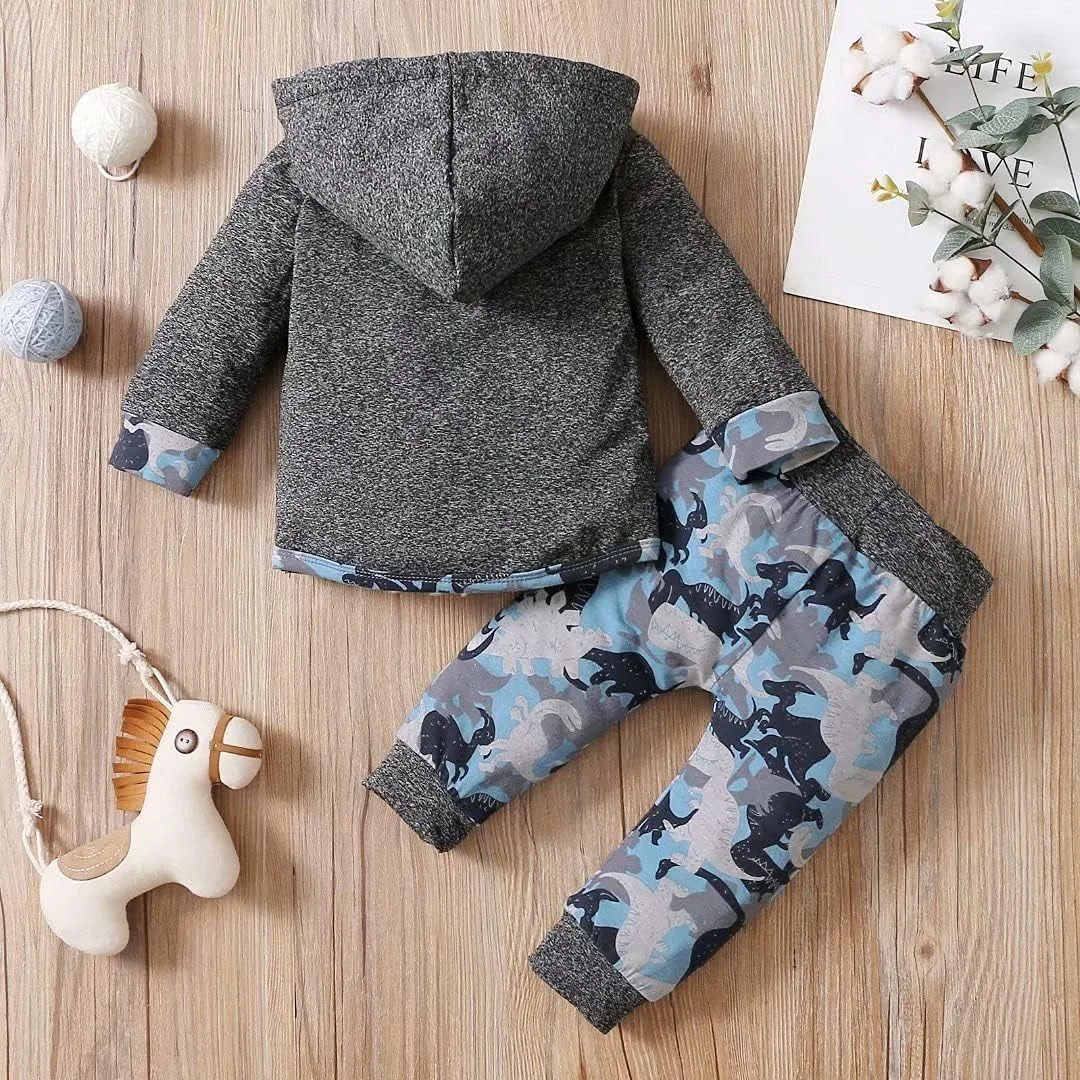 ست لباس پسرانه نوزادی شامل هودی آستین بلند طرح چهارخانه جیب دار و شلوار - 2 تکه