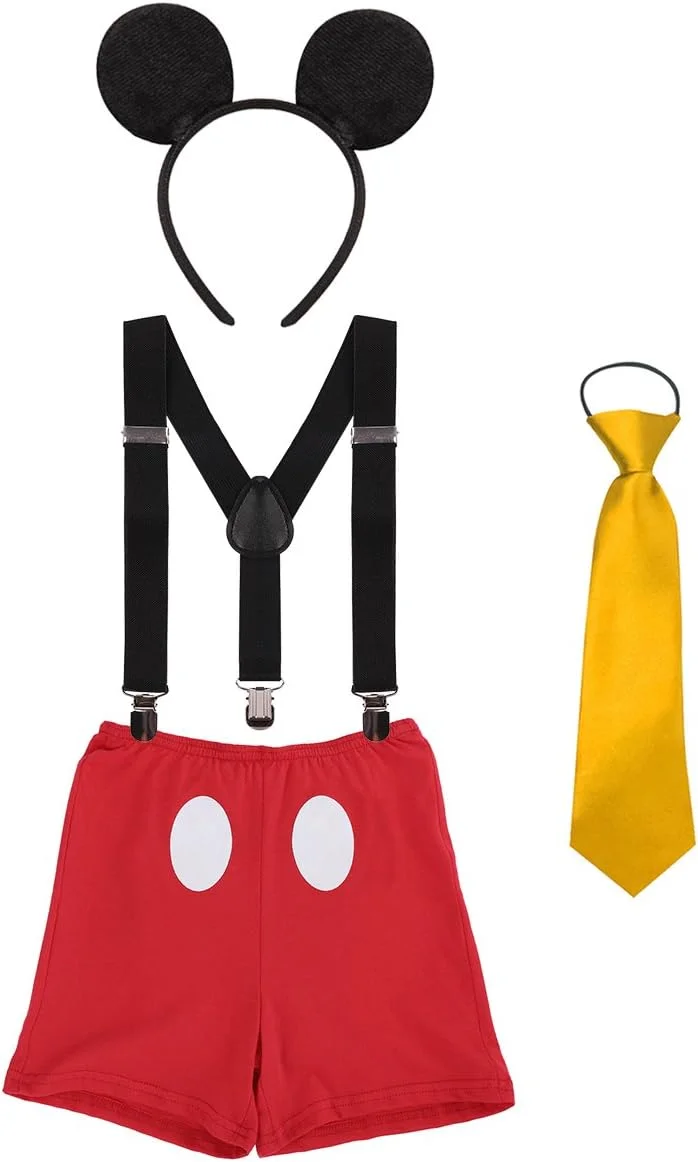 لباس جشن تولد یکسالگی/دوسالگی/سه سالگی پسرانه، شامل ساسپندر Y شکل، شلوارک، پاپیون و گوش های بامزه موشی