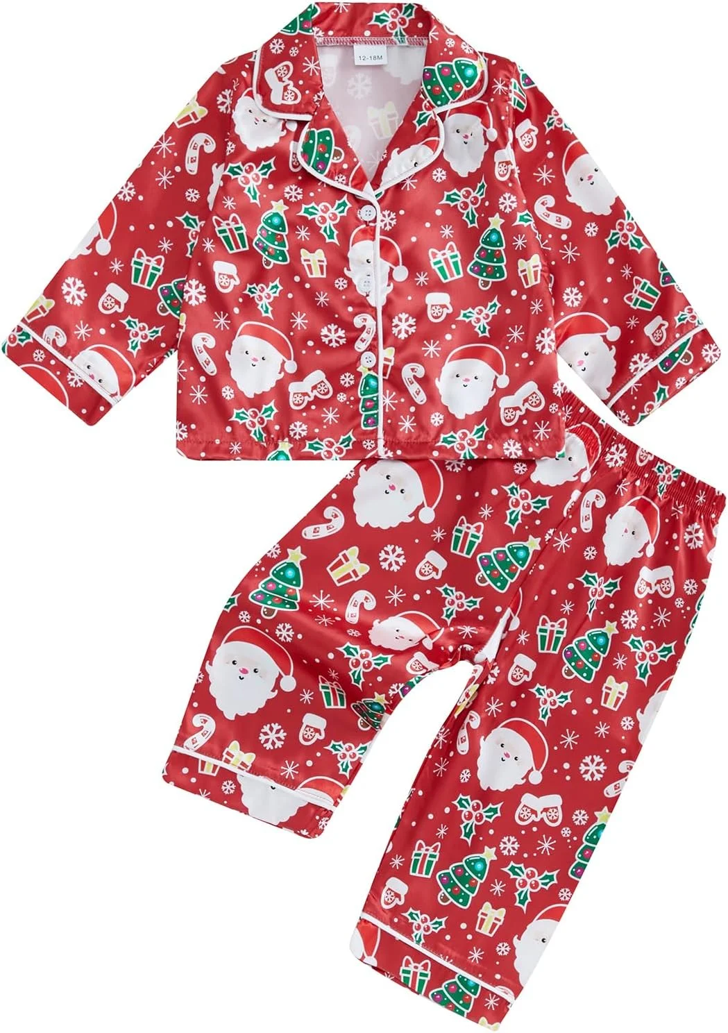 پیژامه ساتن ابریشمی کریسمس دخترانه و پسرانه بچه گانه، بلوز آستین بلند و شلوار طرح کریسمس