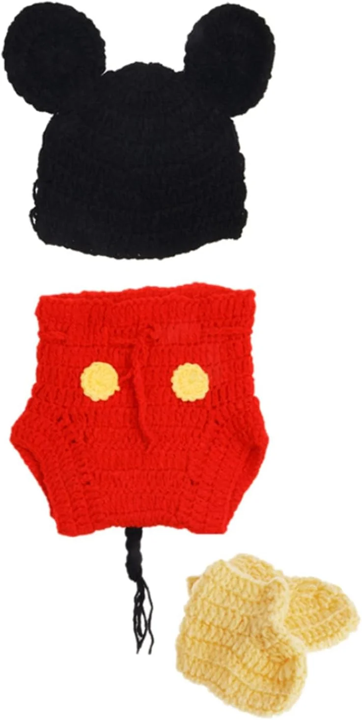 ست 3 تکه کلاه، شلوارک و جوراب بافتنی نوزادی دخترانه و پسرانه، مناسب برای عکاسی، مناسب برای نوزادان 0 تا 6 ماهه