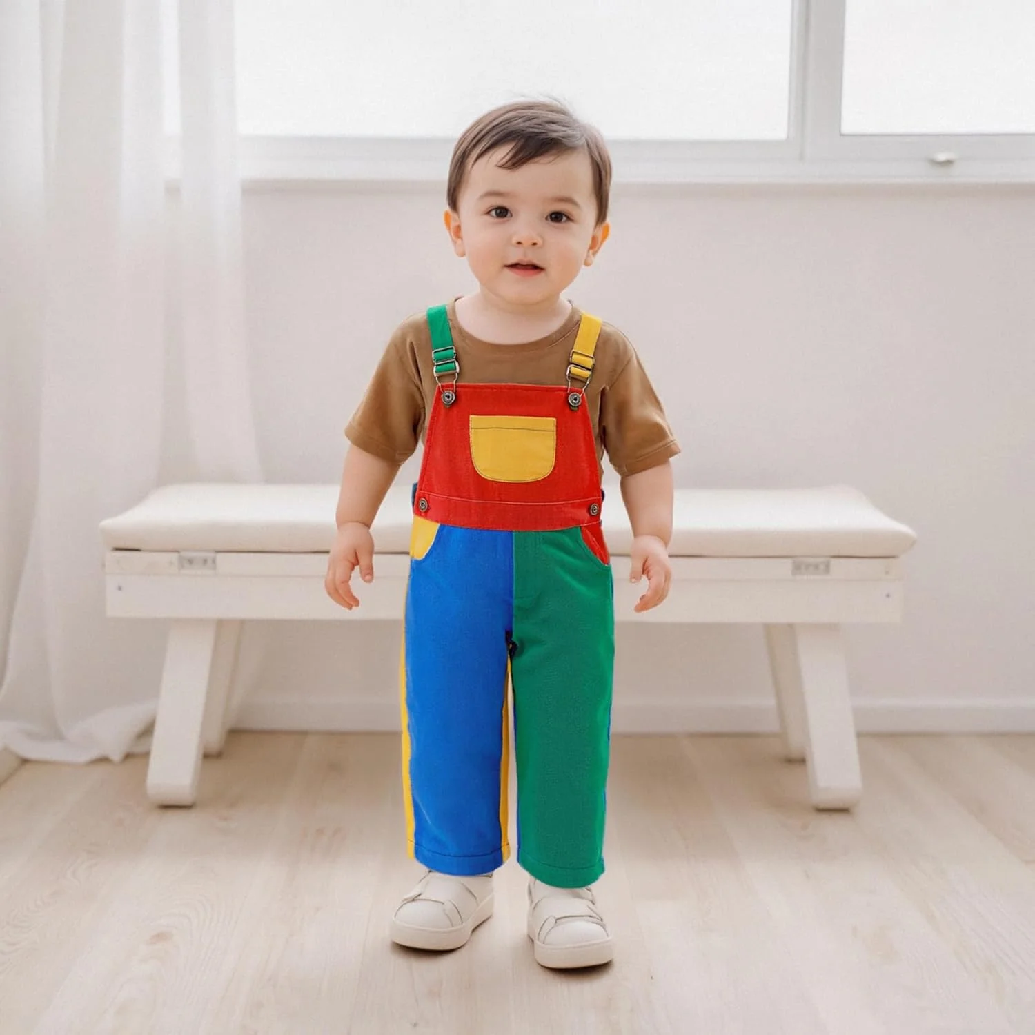 لباس سرهمی بچگانه Fernvia با رنگ متضاد، مناسب کودکان نوپا، پسران و دختران، سایز 2T 3T 4T 5T، با بند شانه قابل تنظیم، لباس کار