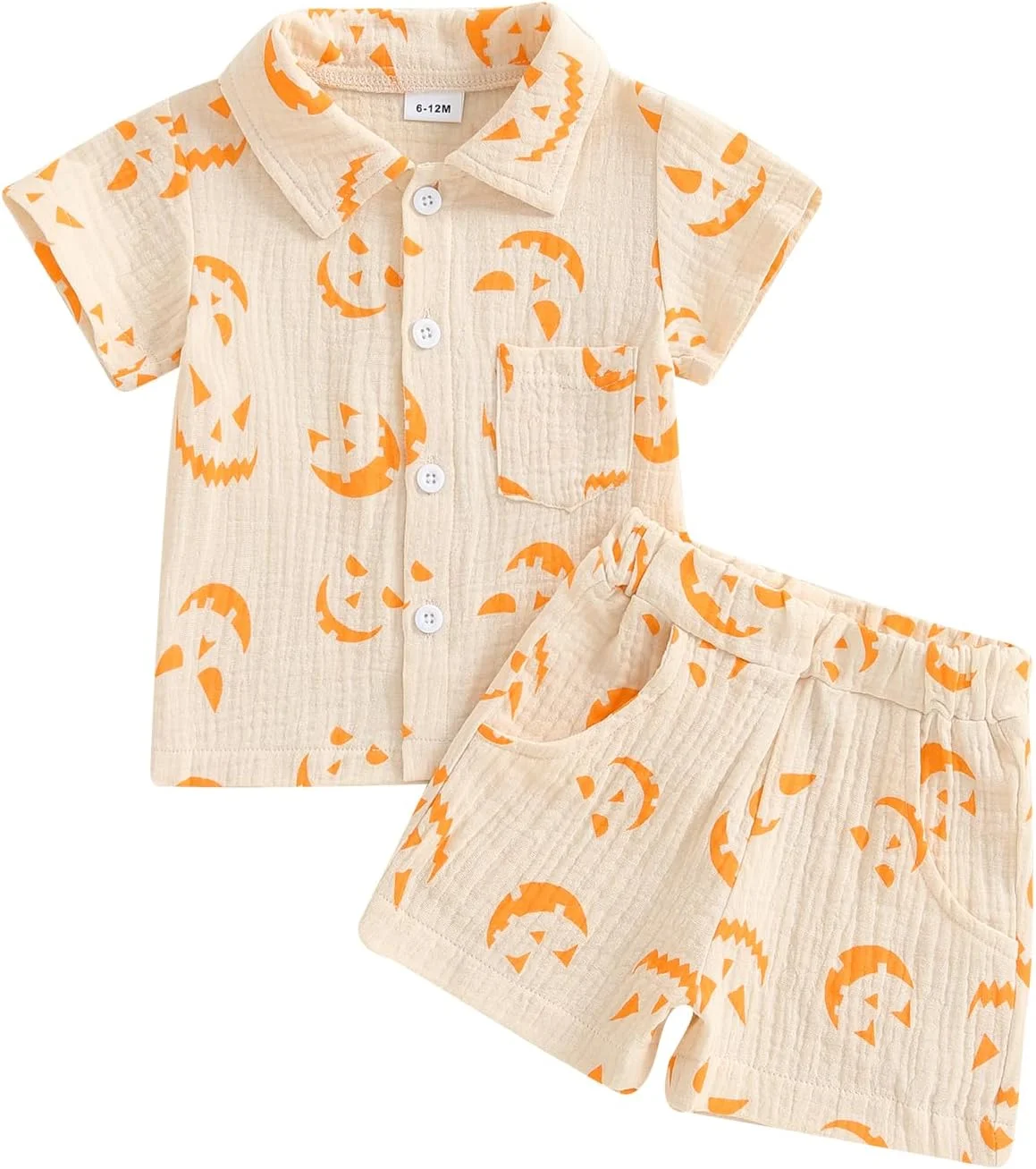 ست لباس خواب بچه گانه طرح کدو تنبل، پیراهن آستین بلند دکمه دار و شلوار