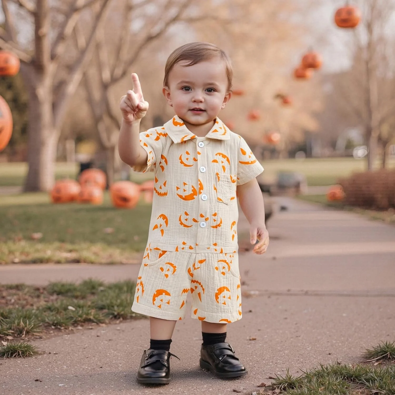 ست لباس خواب بچه گانه طرح کدو تنبل، پیراهن آستین بلند دکمه دار و شلوار