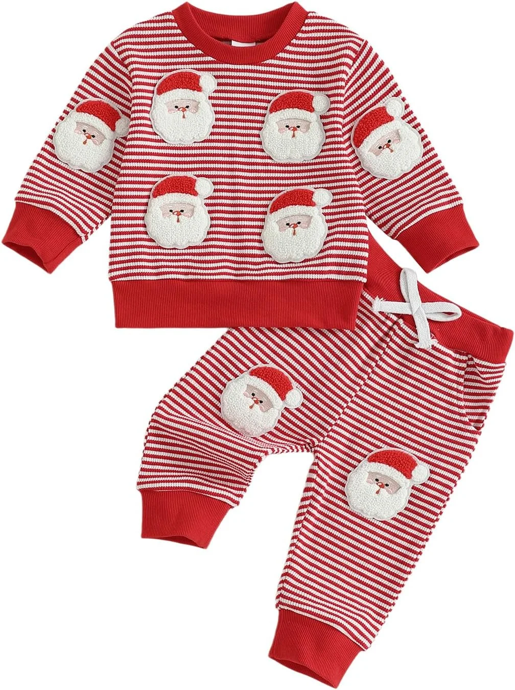 ست لباس بچه گانه پسرانه/دخترانه با طرح کریسمس، بلوز آستین بلند راه راه وافل با طرح بابانوئل/درخت و شلوار گرمکن، مناسب برای پاییز کودکان