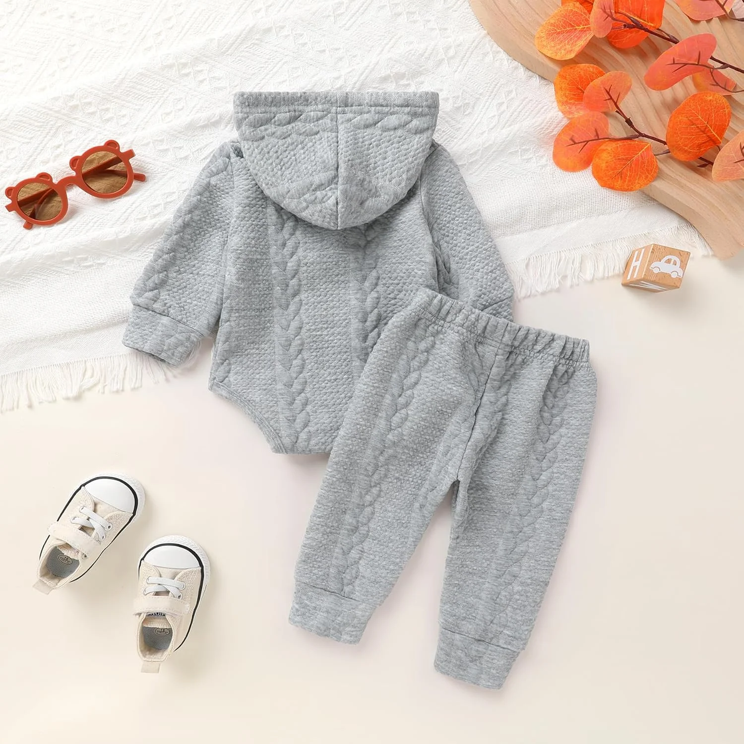 ست لباس نوزادی پسرانه و دخترانه YOUNGER TREE، شامل رامپر آستین بلند کلاه دار و شلوار، طرح کبریتی، مناسب فصل پاییز و زمستان