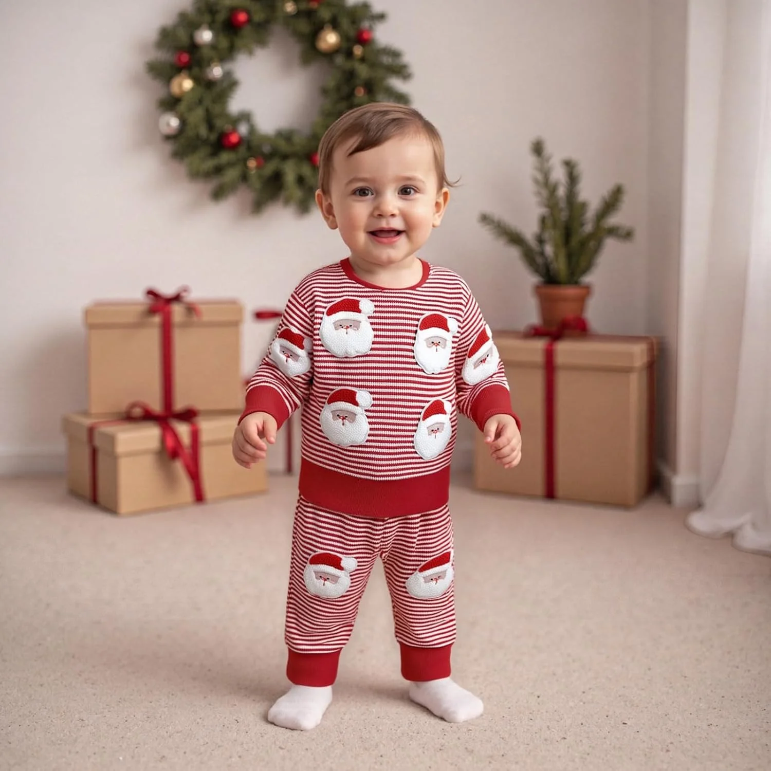 ست لباس بچه گانه پسرانه/دخترانه با طرح کریسمس، بلوز آستین بلند راه راه وافل با طرح بابانوئل/درخت و شلوار گرمکن، مناسب برای پاییز کودکان