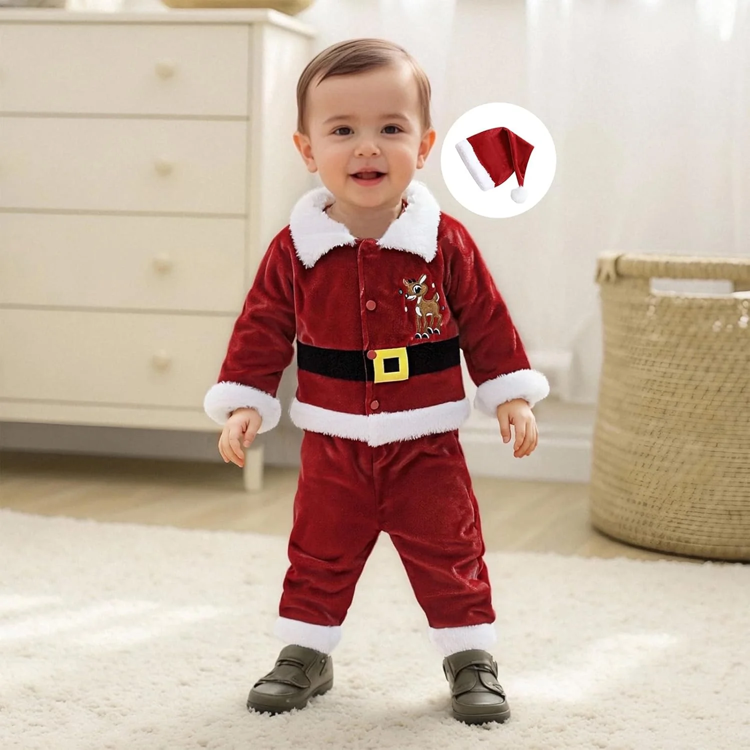 ست لباس 3 تکه کریسمس پسرانه و دخترانه شامل کت دکمه دار آستین بلند، شلوار کمر کشی و کلاه بابانوئل
