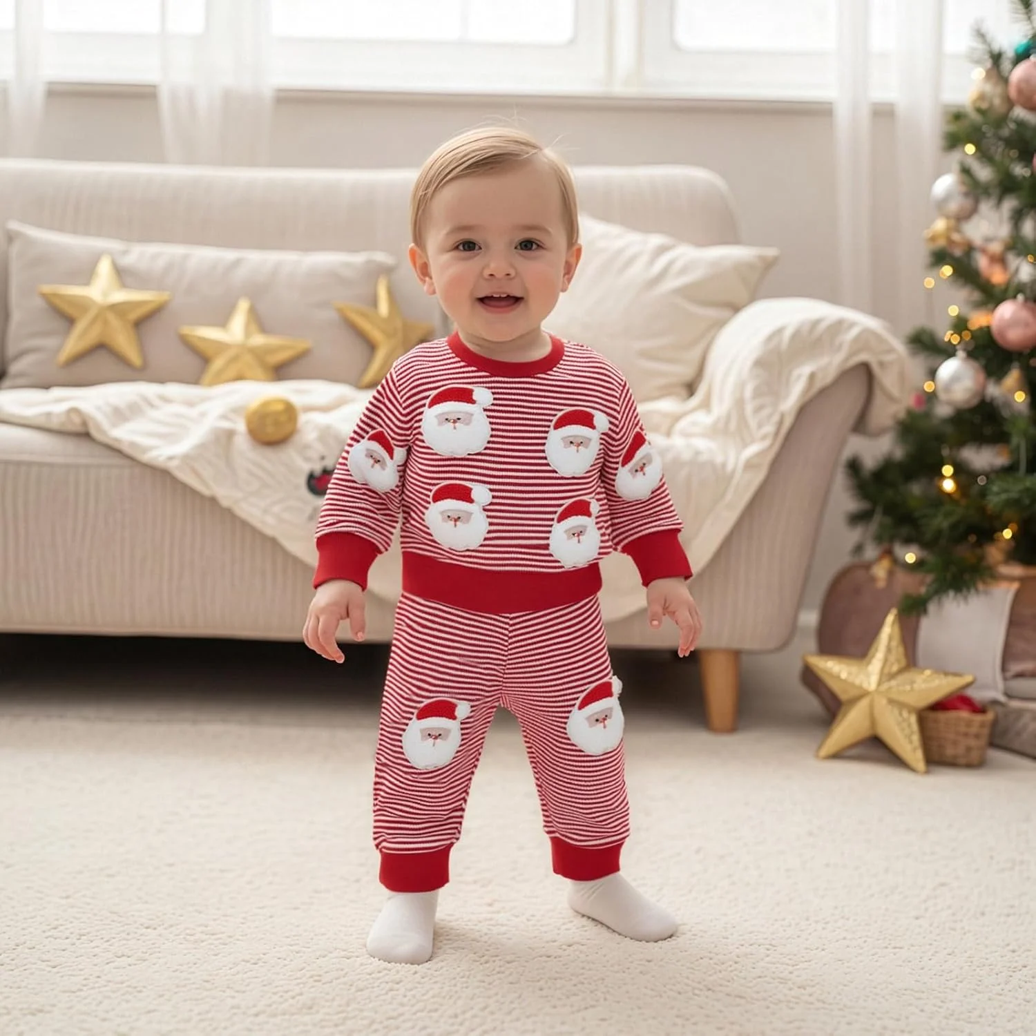 ست لباس بچه گانه پسرانه/دخترانه با طرح کریسمس، بلوز آستین بلند راه راه وافل با طرح بابانوئل/درخت و شلوار گرمکن، مناسب برای پاییز کودکان