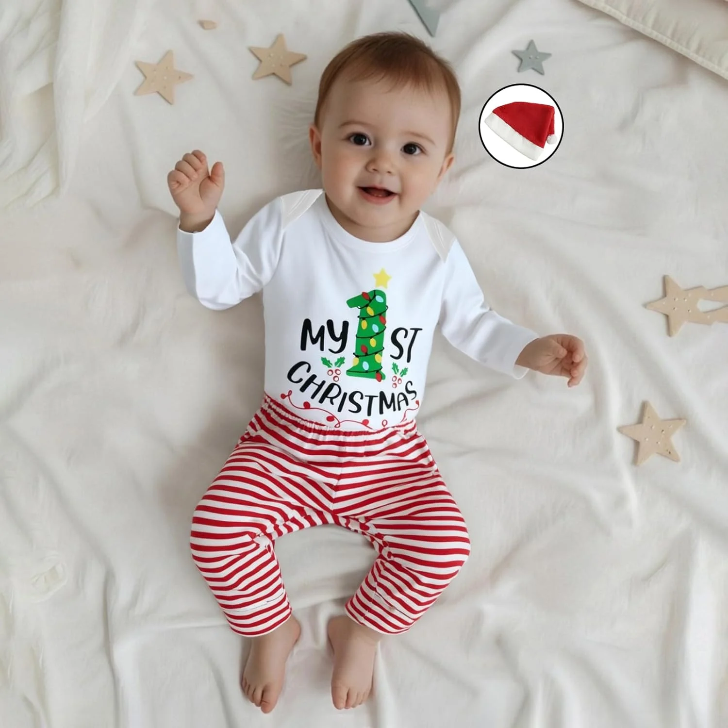 ست لباس نوزادی پسرانه و دخترانه طرح اولین کریسمس من، آستین بلند، طرح گوزن