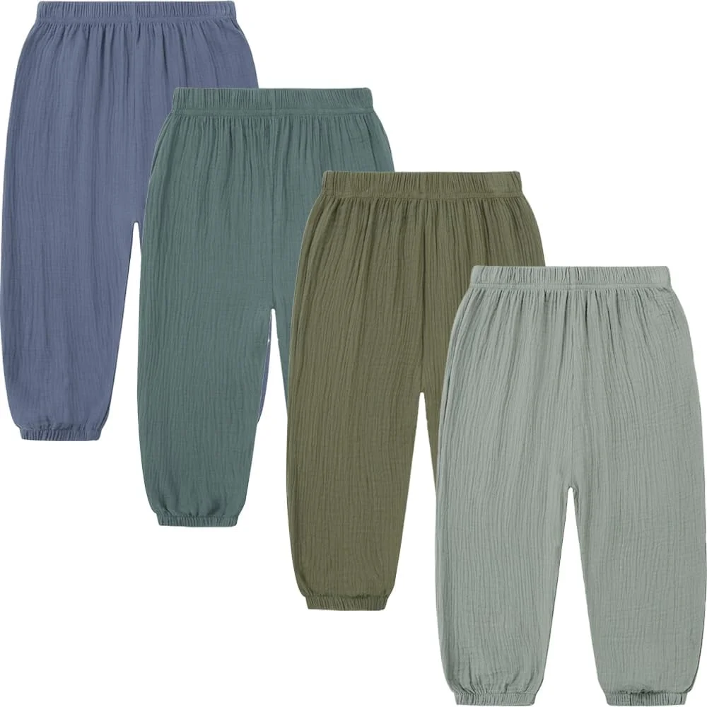GFQLONG بسته 4 عددی شلوار کتان و لینن ساده پسرانه و دخترانه، شلوار راحتی کشی و گشاد بهاره و تابستانه