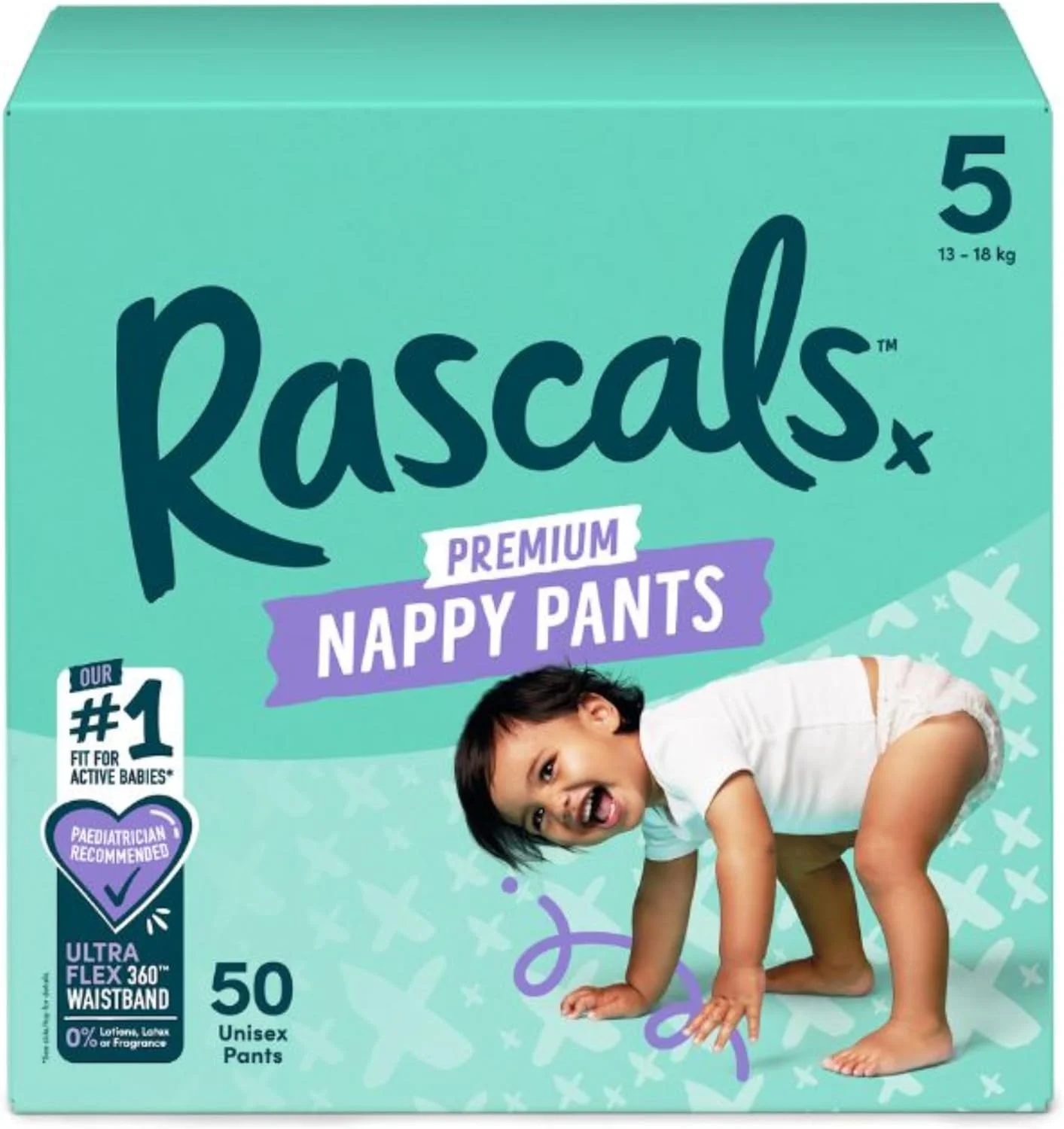 شورت آموزشی پریمیم کودک رسکالز - طراحی آسان پوشیدنی - شورت پوشک نرم و راحت سایز 5 - کمر فوق العاده انعطاف پذیر 360 درجه مناسب 13-18 کیلوگرم - 50 عدد