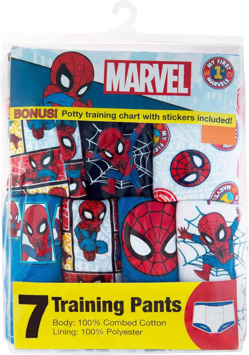 شورت آموزشی کودکانه طرح قهرمانان مارول، به همراه جدول و برچسب‌های تشویقی با طرح‌های مرد عنکبوتی، مرد آهنی، هالک و دیگران، سایزهای ۱۸ ماه تا ۴ سال