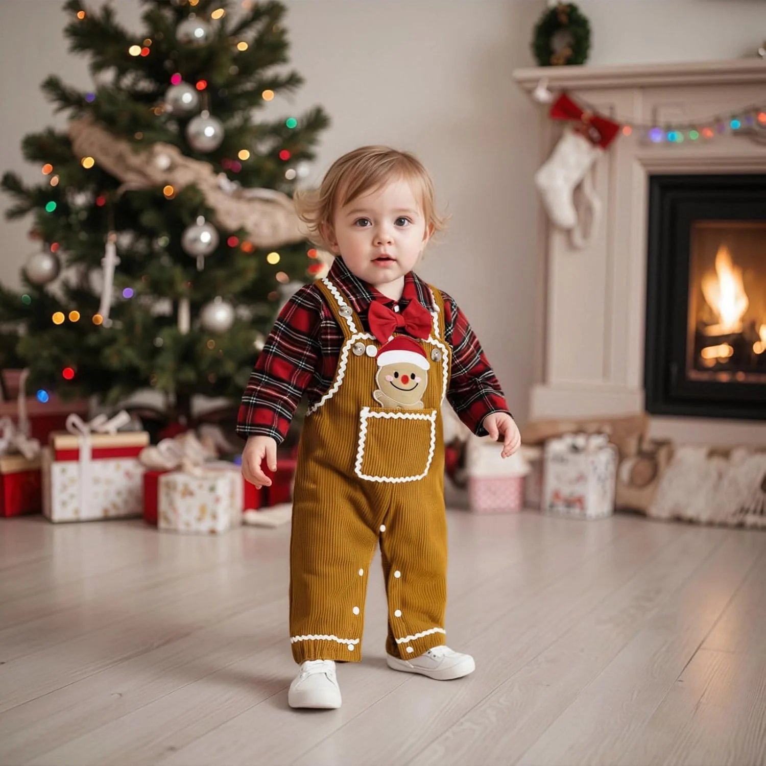 ست لباس نوزادی پسرانه، رامپر آستین بلند، شلوار پیشبندی چهارخانه و کلاه، مناسب فصل زمستان