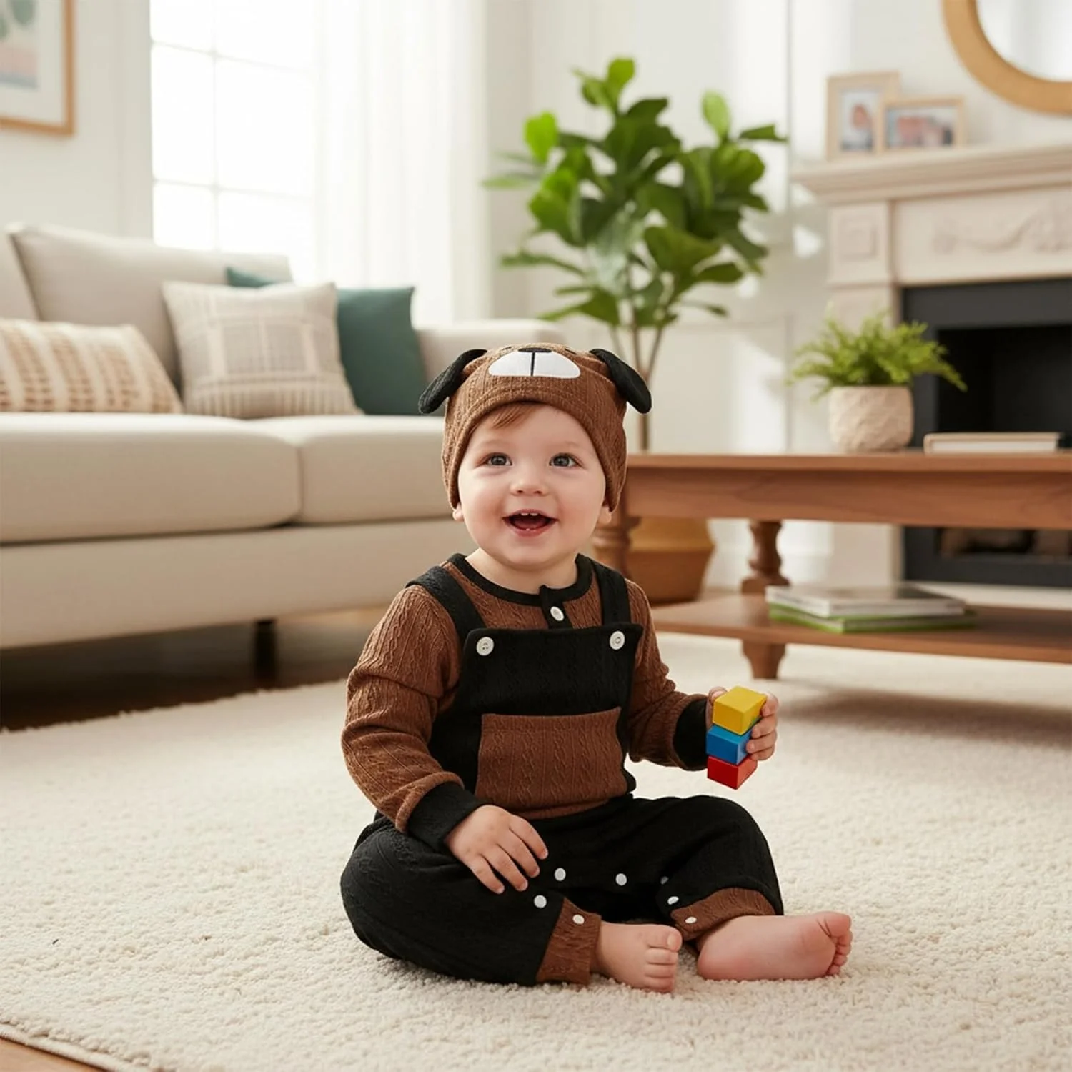 ست لباس نوزاد پسر شامل رامپر آستین بلند، شلوار پیشبندی جیب‌دار قابل تنظیم، 0 تا 18 ماه