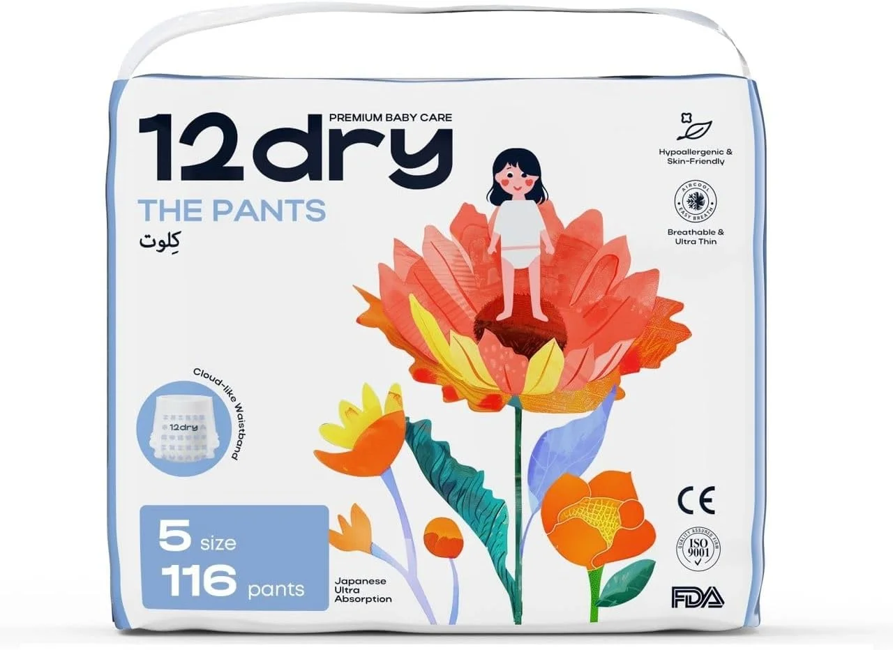 شلوارک کودک - مراقبت عالی از کودک (سایز 5، 12-17 کیلوگرم، 116 عدد) 100% فوق العاده جاذب، فناوری دو لایه نازک و تنفسی ژاپنی، سازگار با محیط زیست، ضد حساسیت، دارای کش نرم و الاستیک در قسمت کمر برای نوزادان فعال