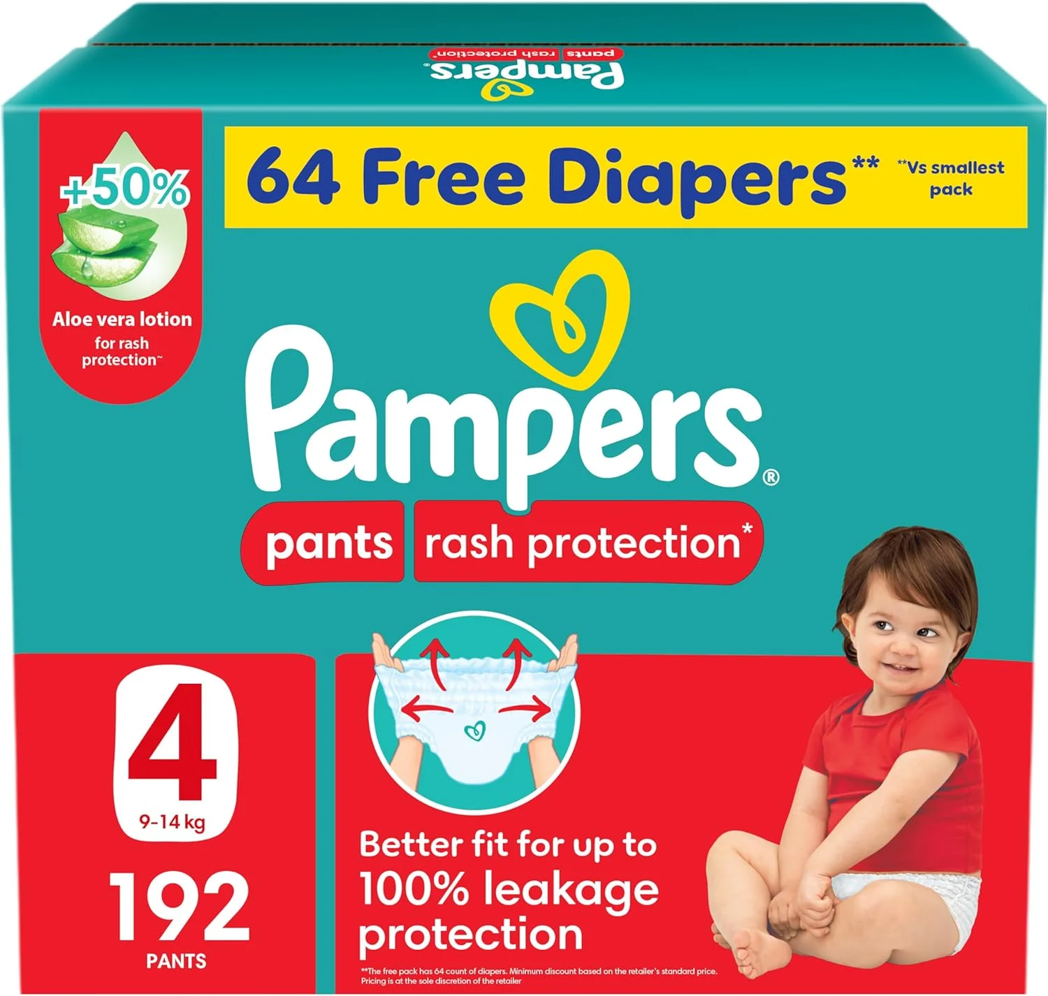 پوشک شورتی محافظت از التهاب پای کودک پمپرز، سایز 4، 9-14 کیلوگرم، حاوی 50%+ لوسیون آلوئه ورا، با قابلیت انطباق 360 درجه و محافظت 100% در برابر نشتی، بسته اقتصادی بزرگ، 192 عدد