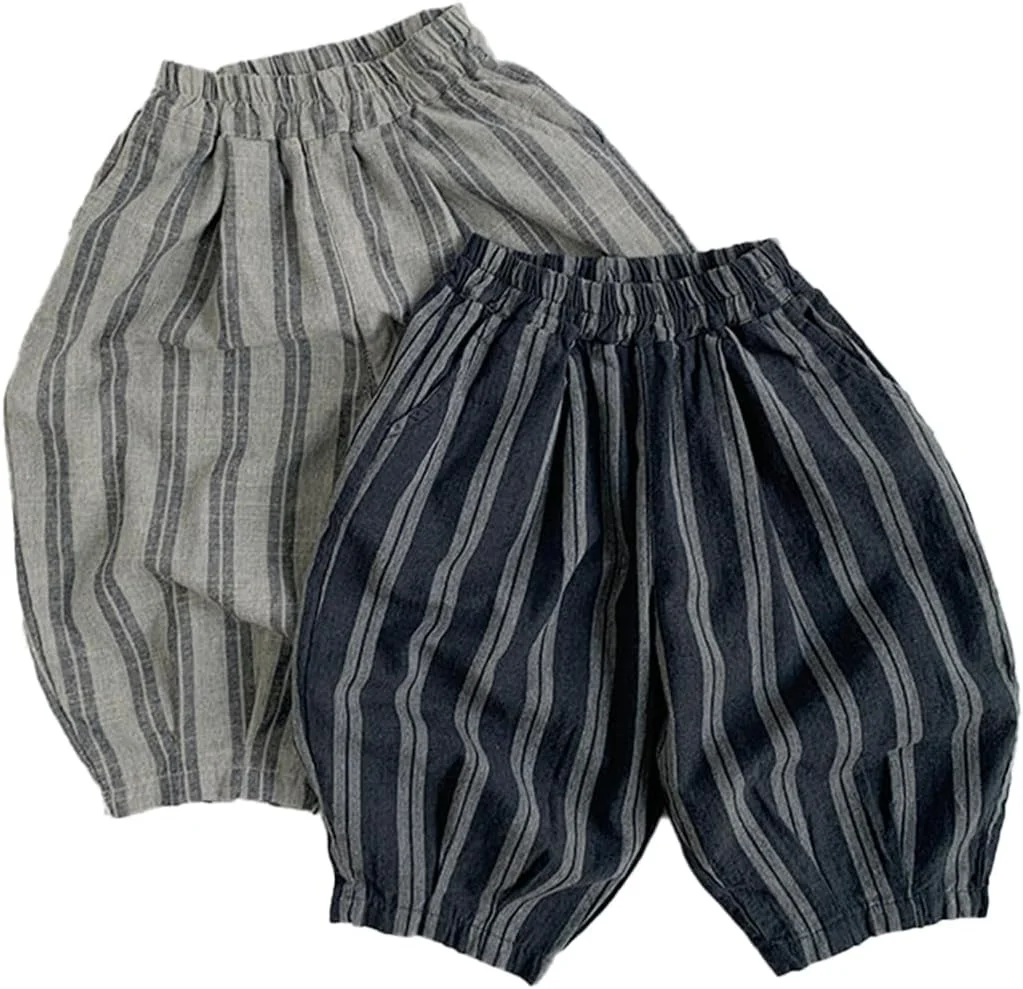 شلوار راحتی کلاسیک پسرانه Ashmyova، شلوار نخی راه راه نازک با کمر کشی مناسب فصل بهار و تابستان، شلوار بلند بچگانه 2 عددی